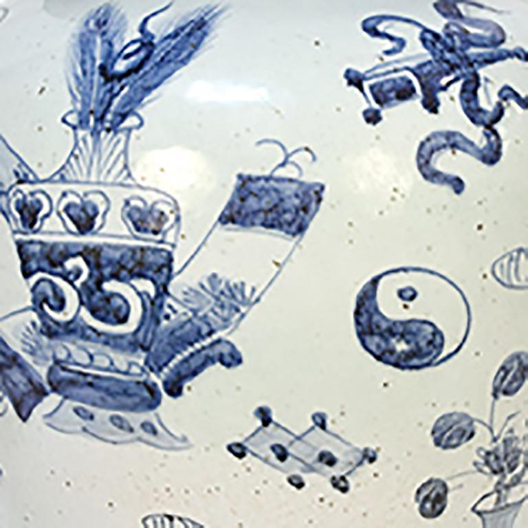 Glazed Chinese Blue and White Jar with Scholars' Objects For Sale