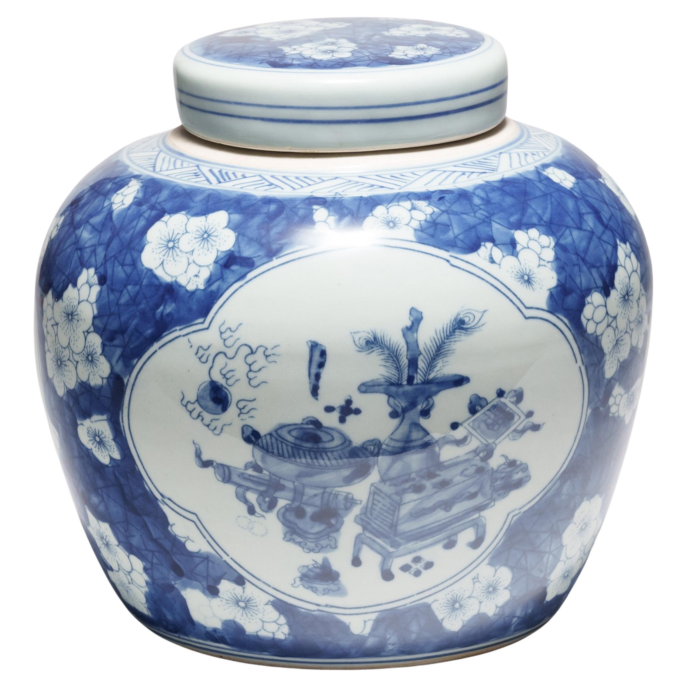 Chinese Blue and White Jar with Scholars' Objects For Sale