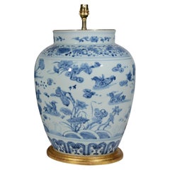 Lampe de bureau chinoise de style Kangxi bleue et blanche