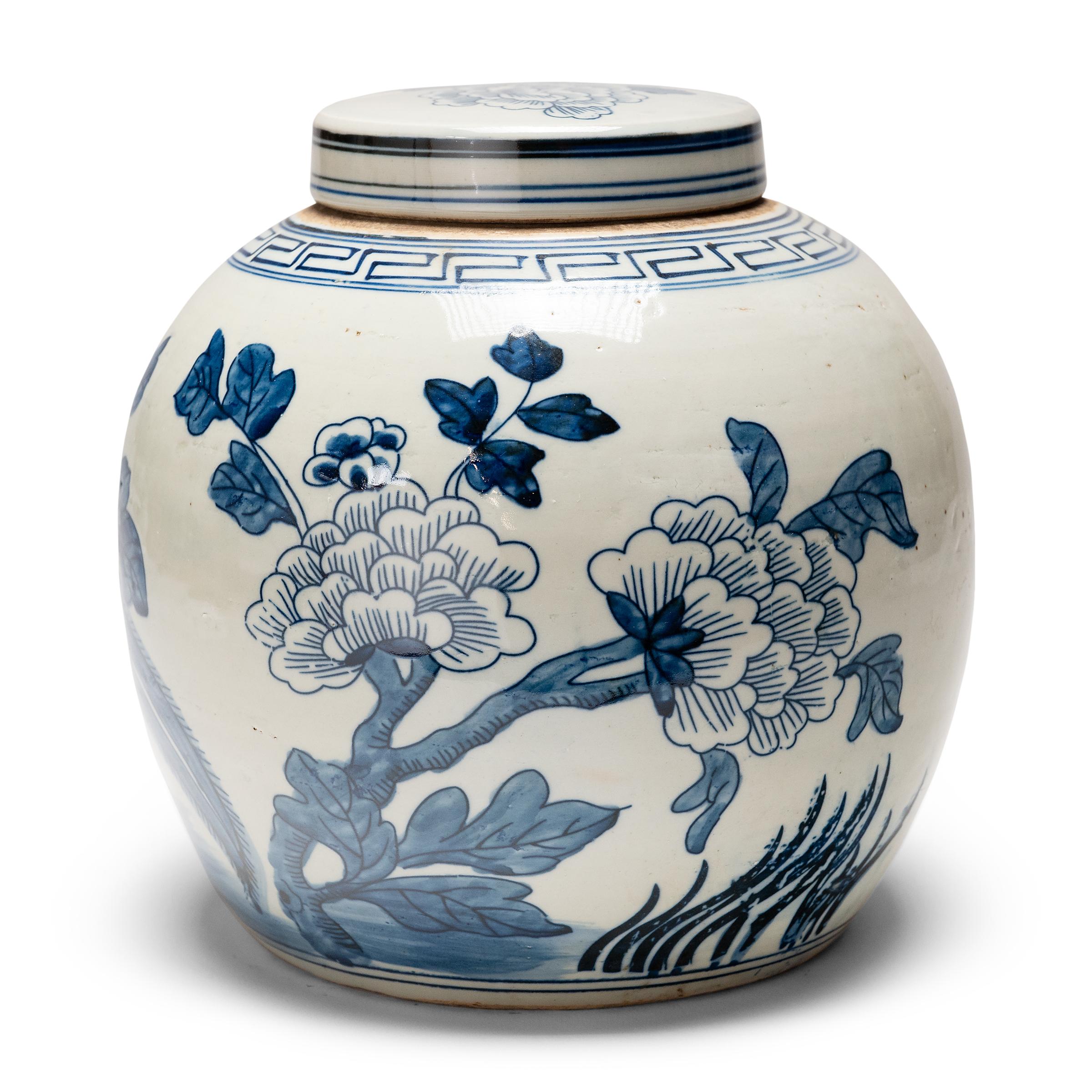 Glazed Chinese Blue & White Jar with Birds & Flowers For Sale