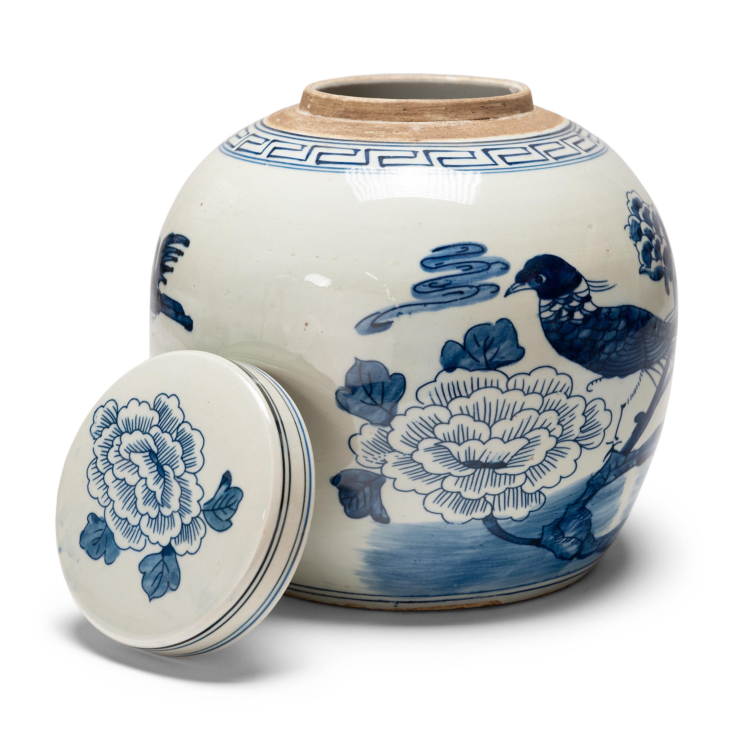 Glazed Chinese Blue & White Phoenix & Peony Jar For Sale