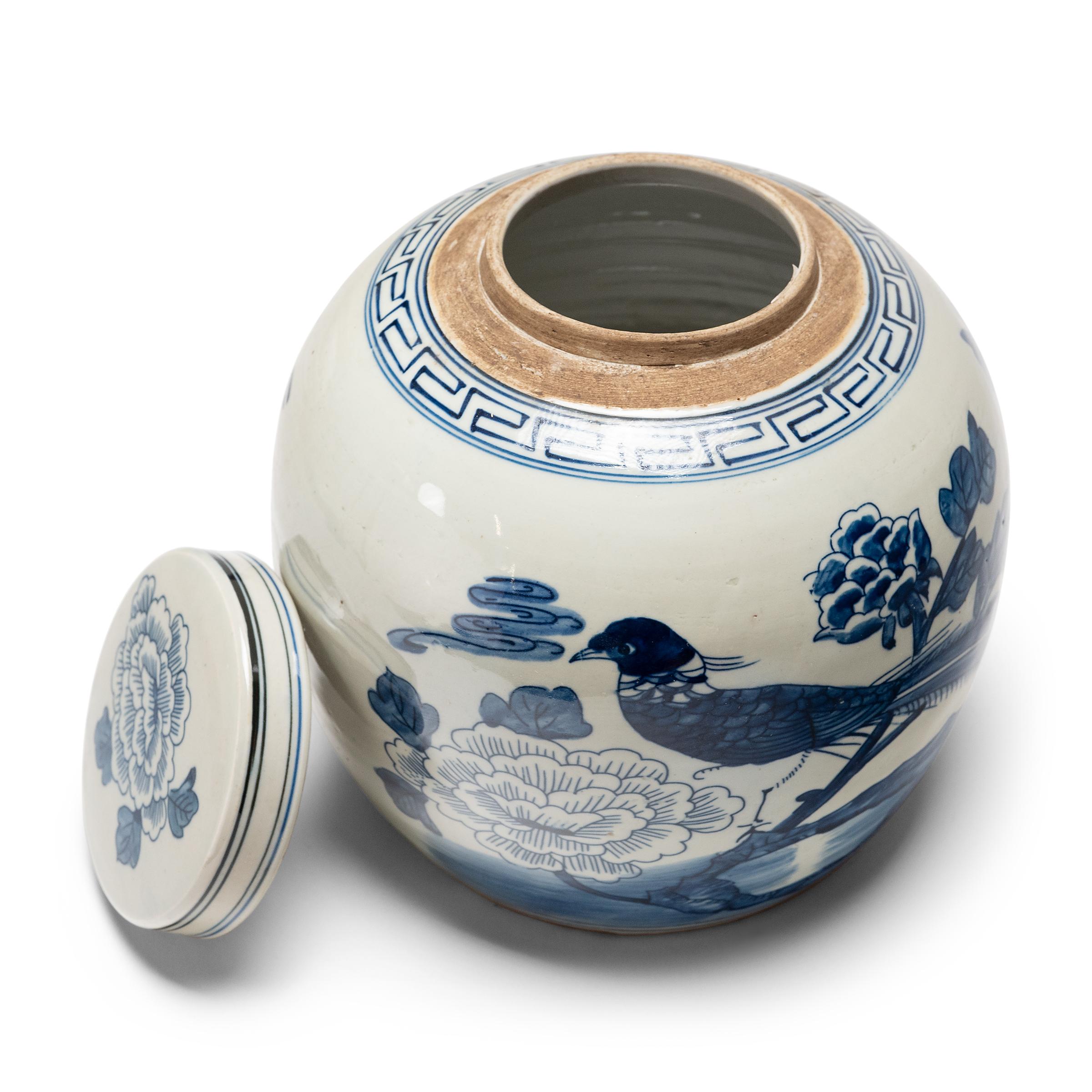 Contemporary Chinese Blue & White Jar with Birds & Flowers For Sale