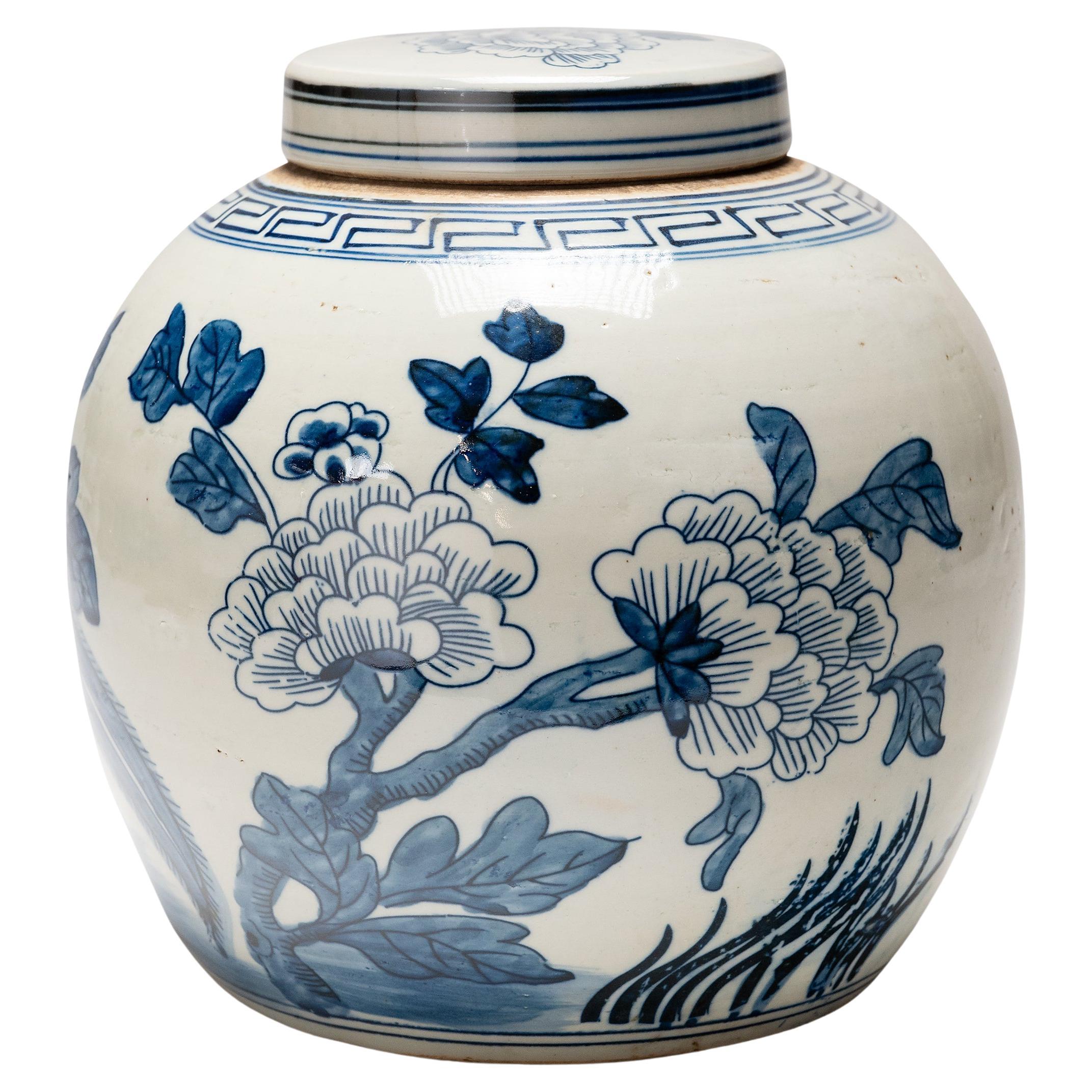 Chinese Blue & White Phoenix & Peony Jar For Sale