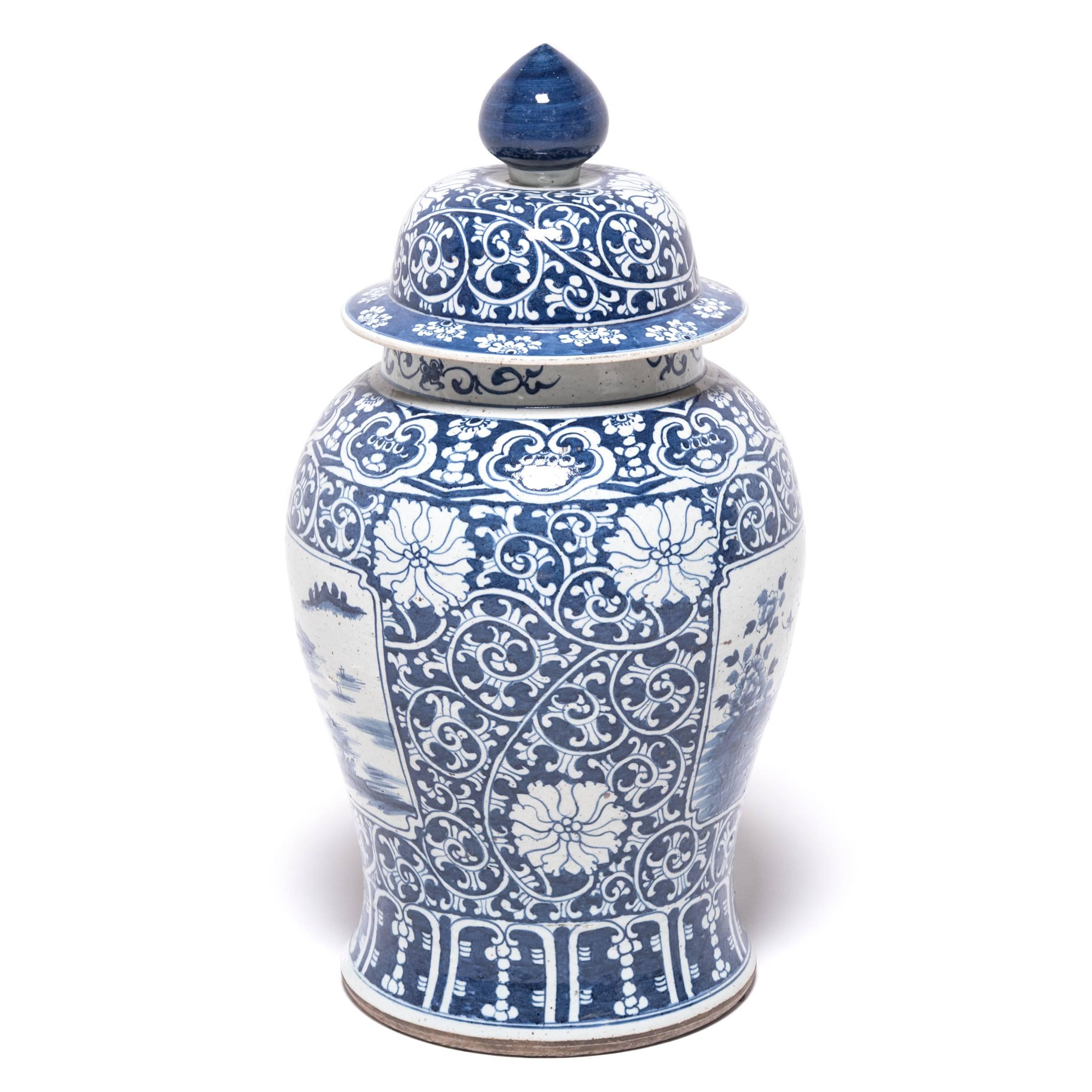 Sculpted in China's Jiangxi province, the landscape scenes on this contemporary blue and white baluster jar are hand-painted with feathery brushstrokes, and are richly evocative of traditional Chinese calligraphy paintings. Jars of this shape were