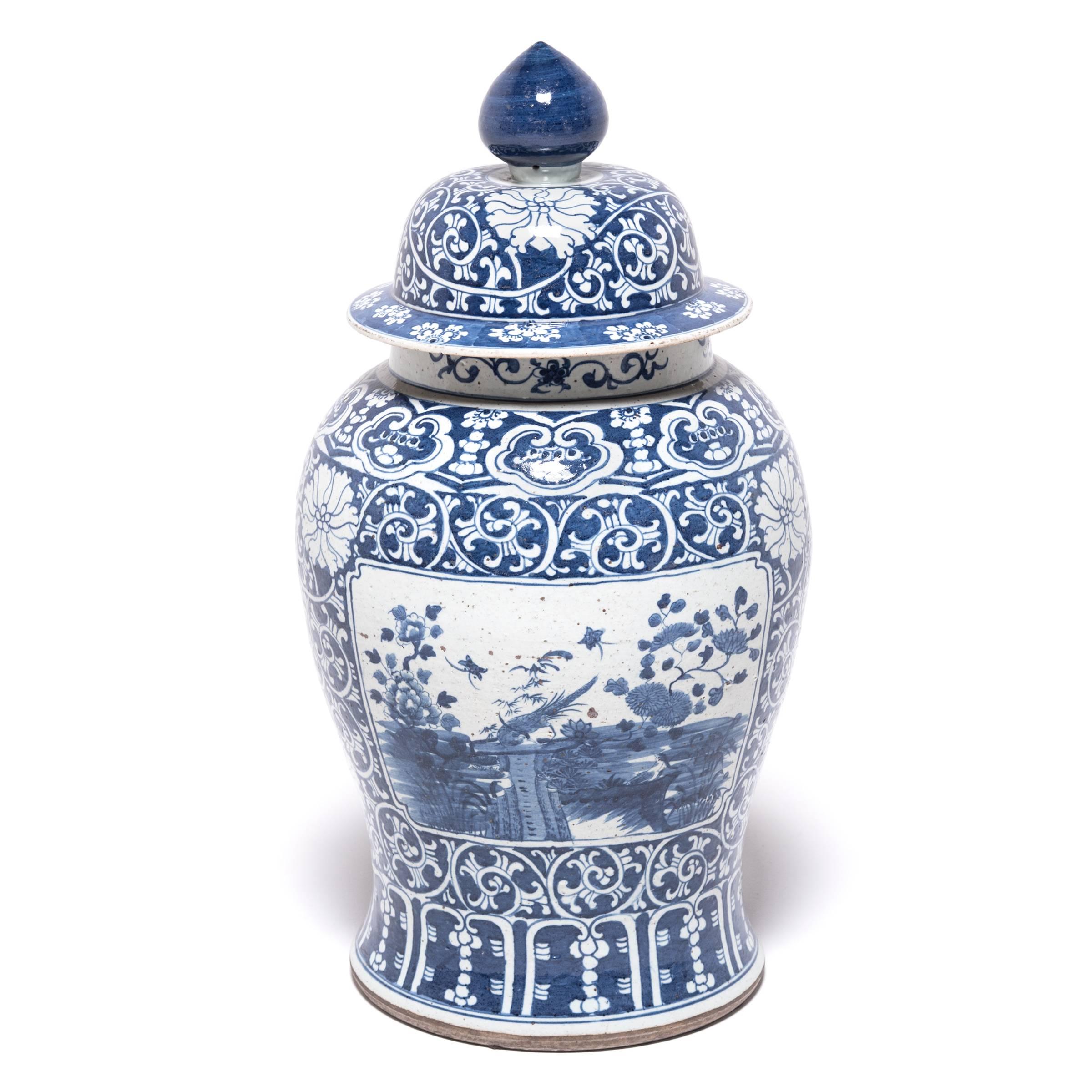 Glazed Chinese Blue and White Landscape Baluster Jar