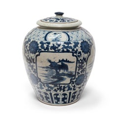 Large Blue and White Tea Leaf Jar with Mountain Landscape
