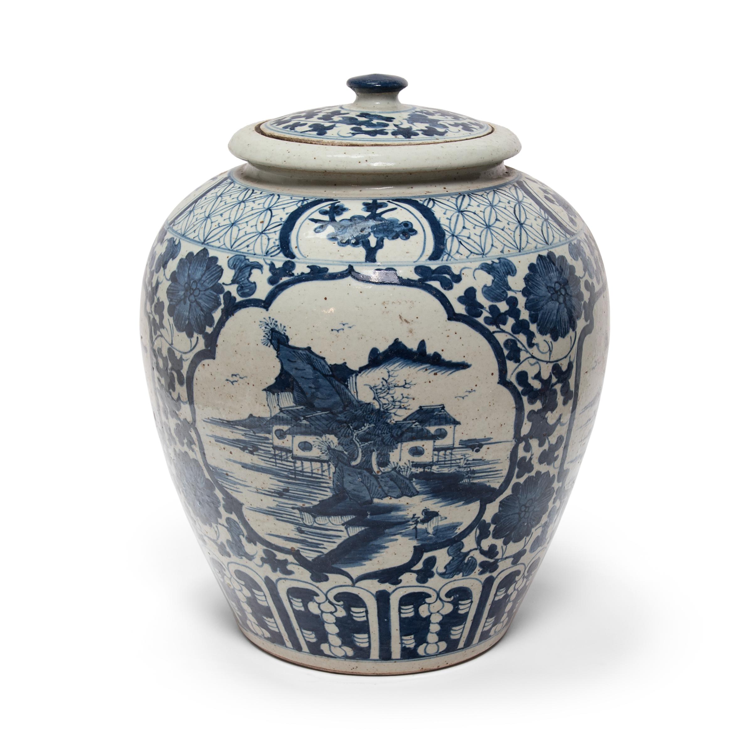 Chinese Export Large Blue and White Tea Leaf Jar with Mountain Landscape For Sale