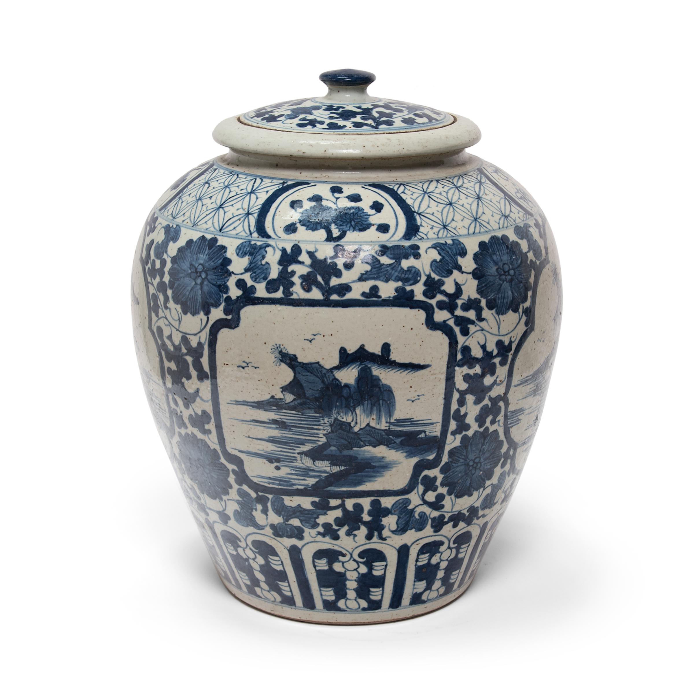 Chinese Large Blue and White Tea Leaf Jar with Mountain Landscape For Sale