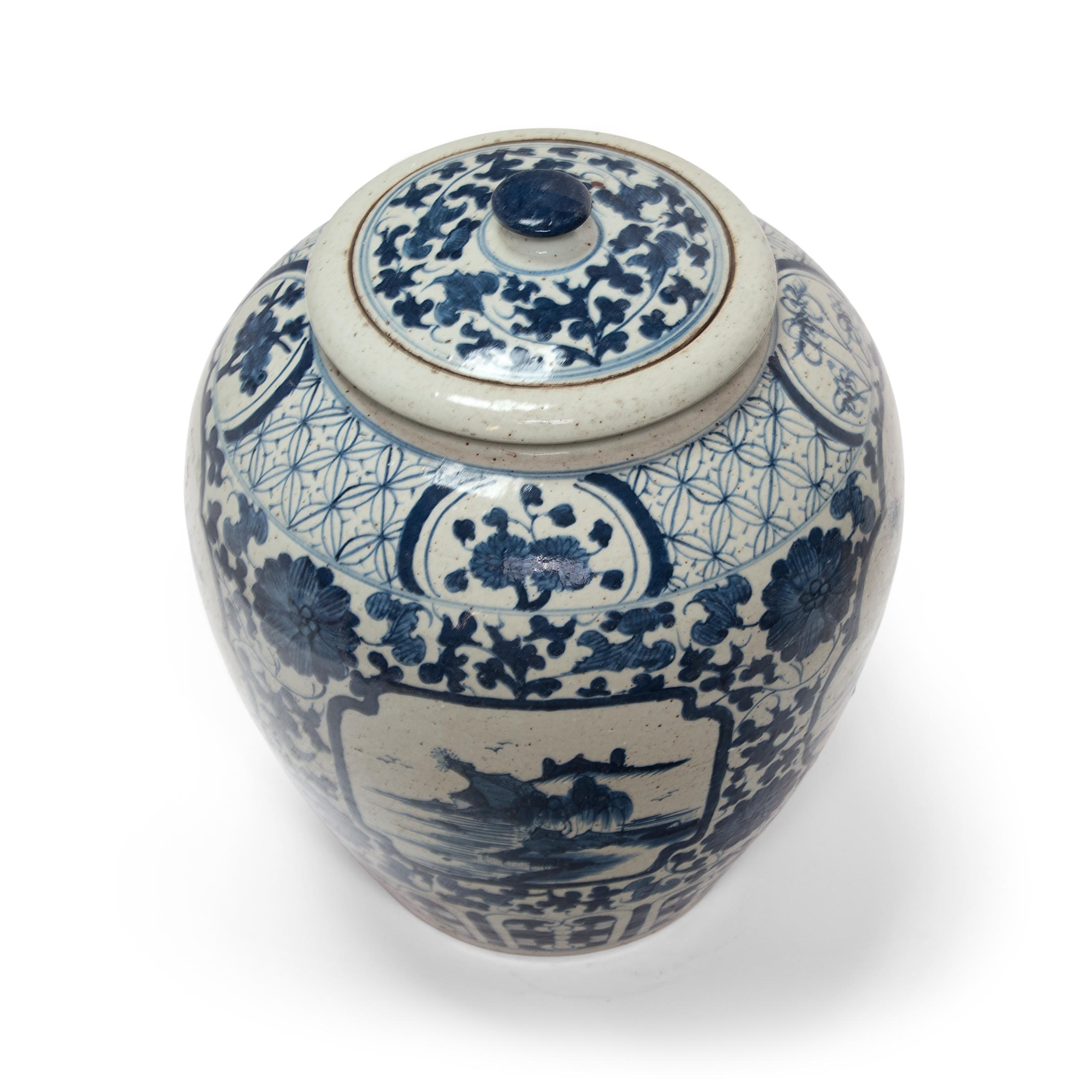 Glazed Large Blue and White Tea Leaf Jar with Mountain Landscape For Sale