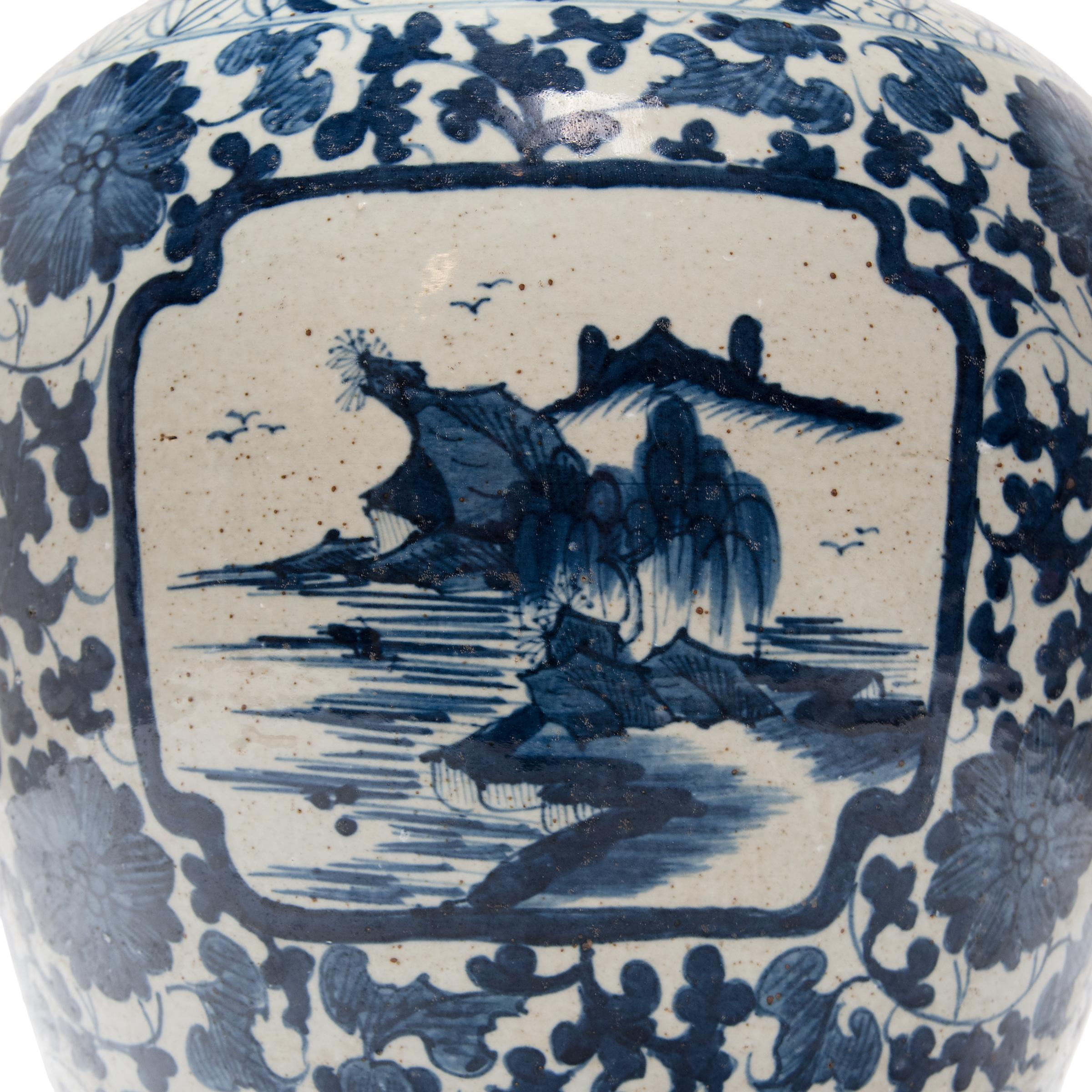 Contemporary Large Blue and White Tea Leaf Jar with Mountain Landscape For Sale