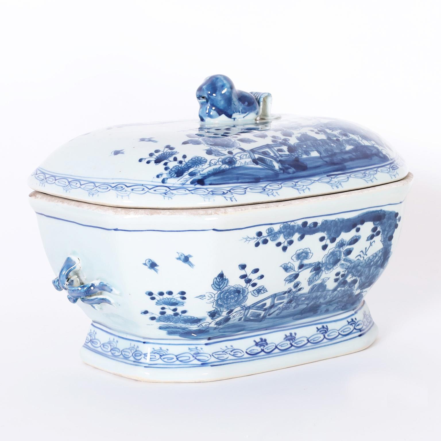 Glazed Chinese Blue and White Lidded Bowl or Tureen