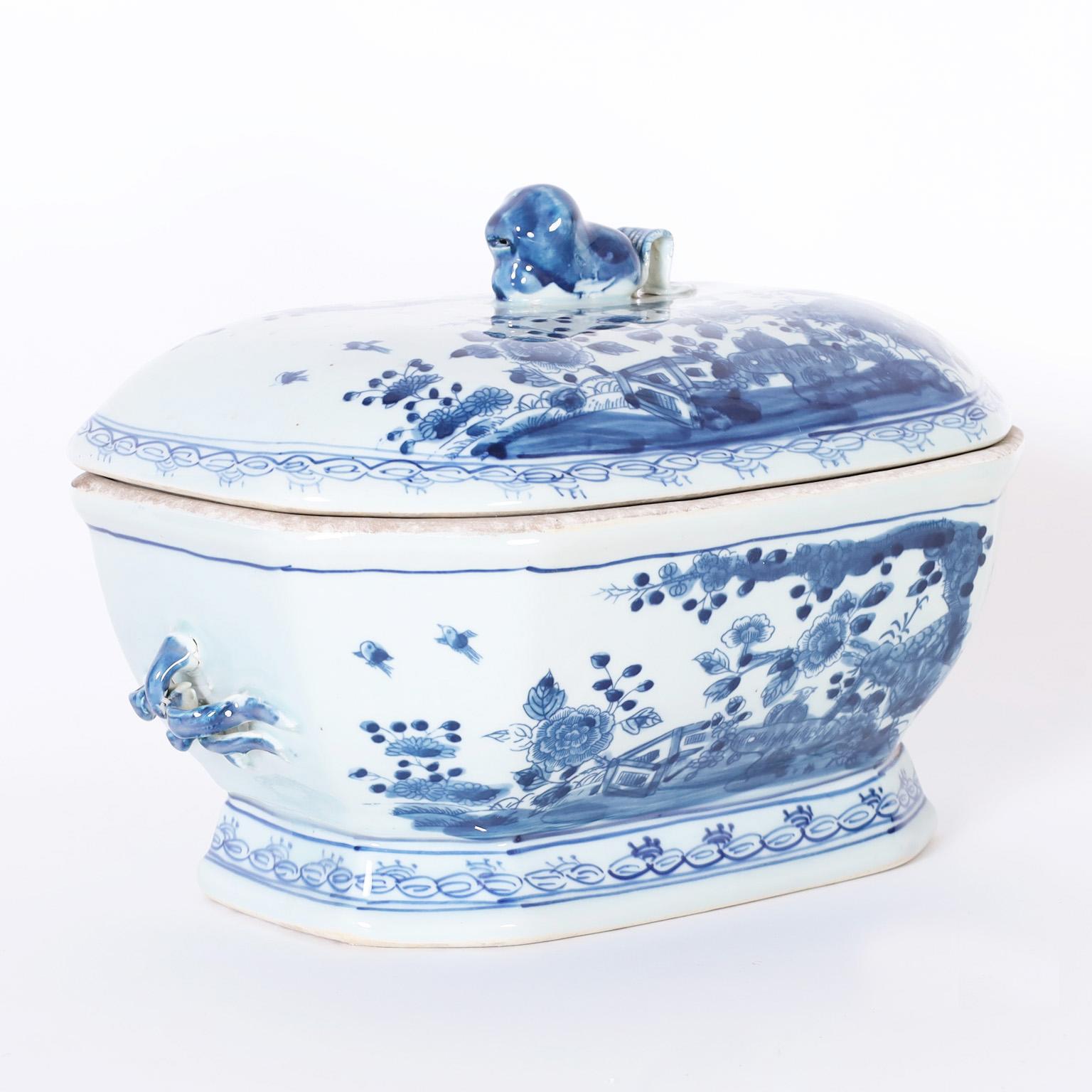 Glazed Chinese Blue and White Lidded Bowl or Tureen
