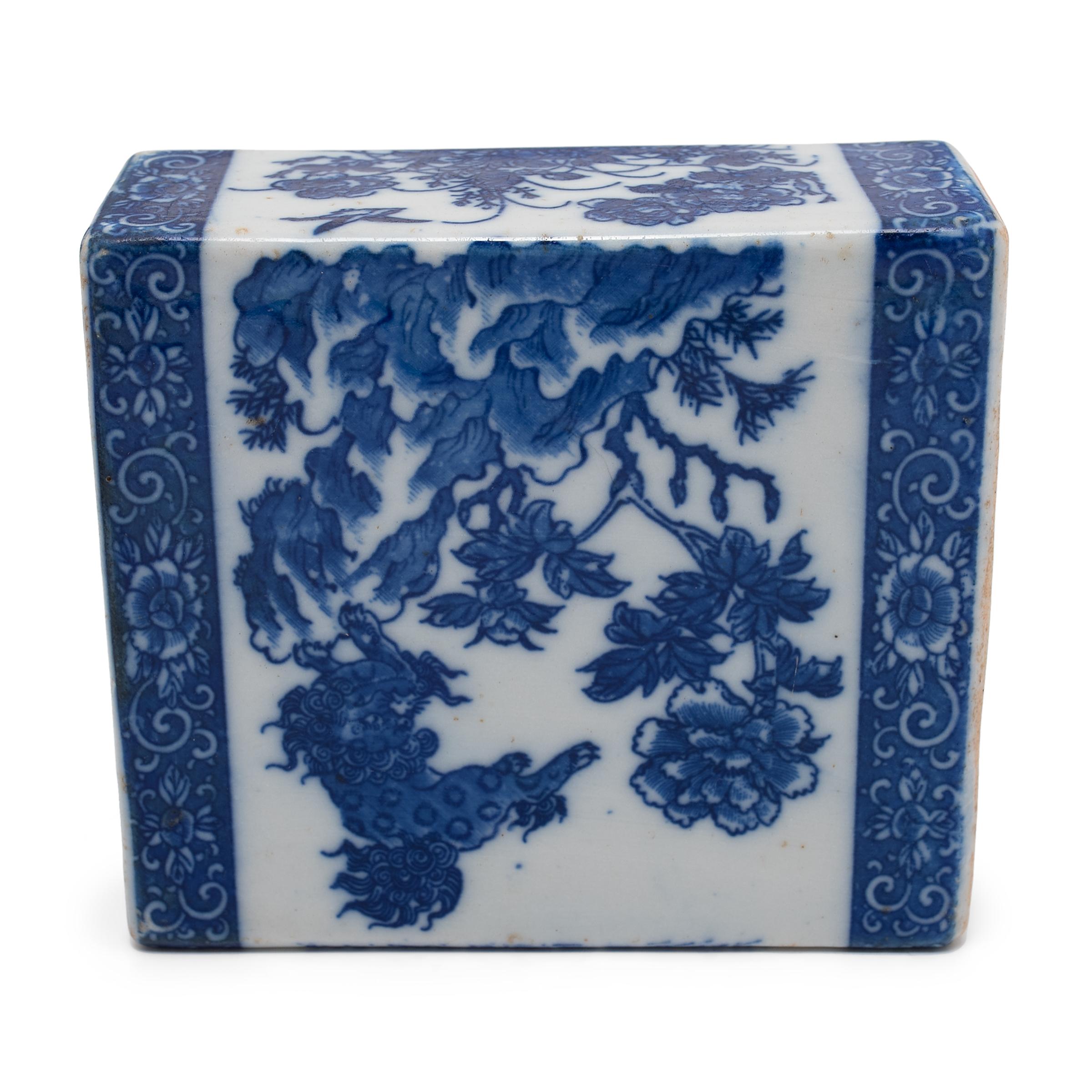 Glazed Chinese Blue and White Lion & Peony Headrest For Sale
