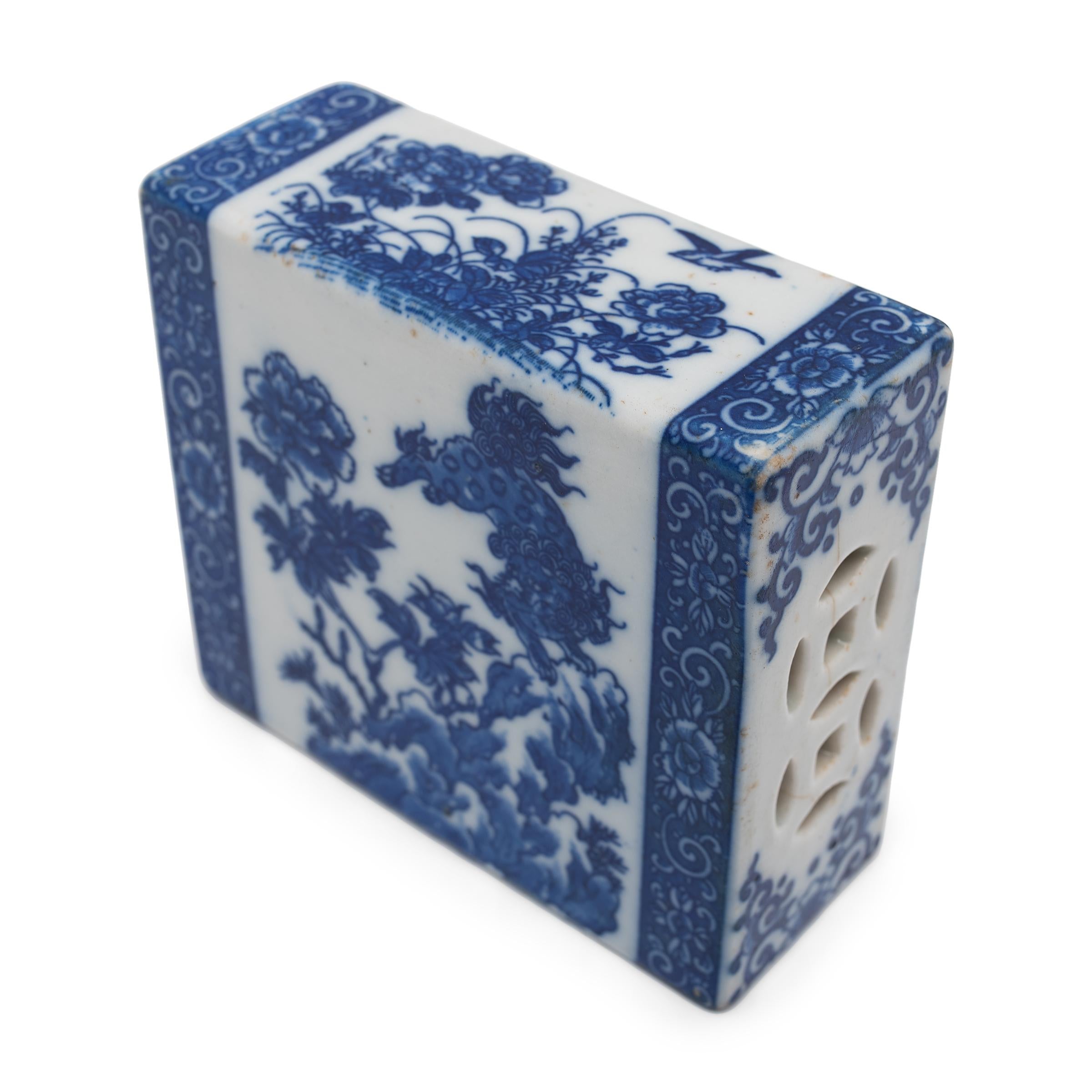 20th Century Chinese Blue and White Lion & Peony Headrest For Sale