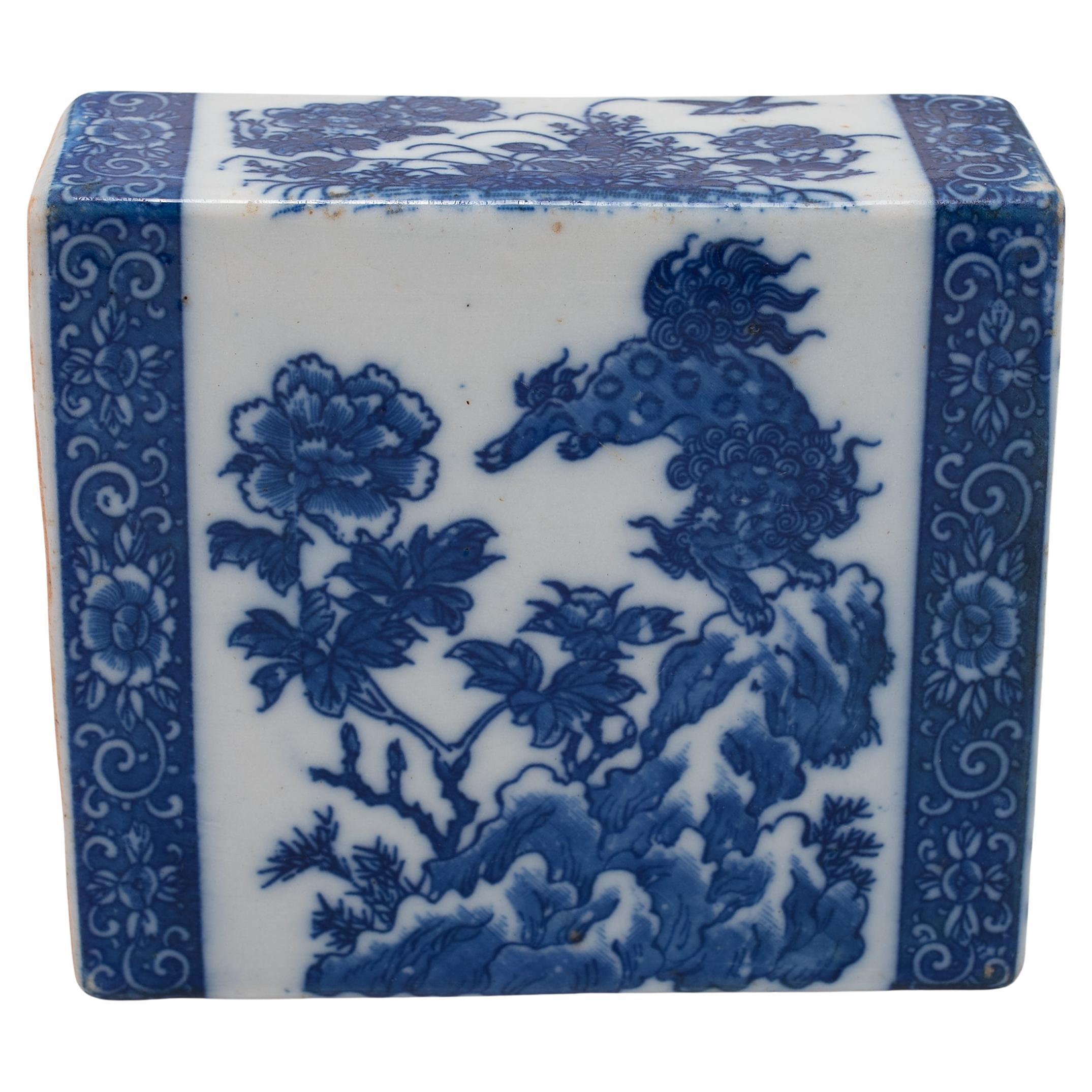 Chinese Blue and White Lion & Peony Headrest For Sale
