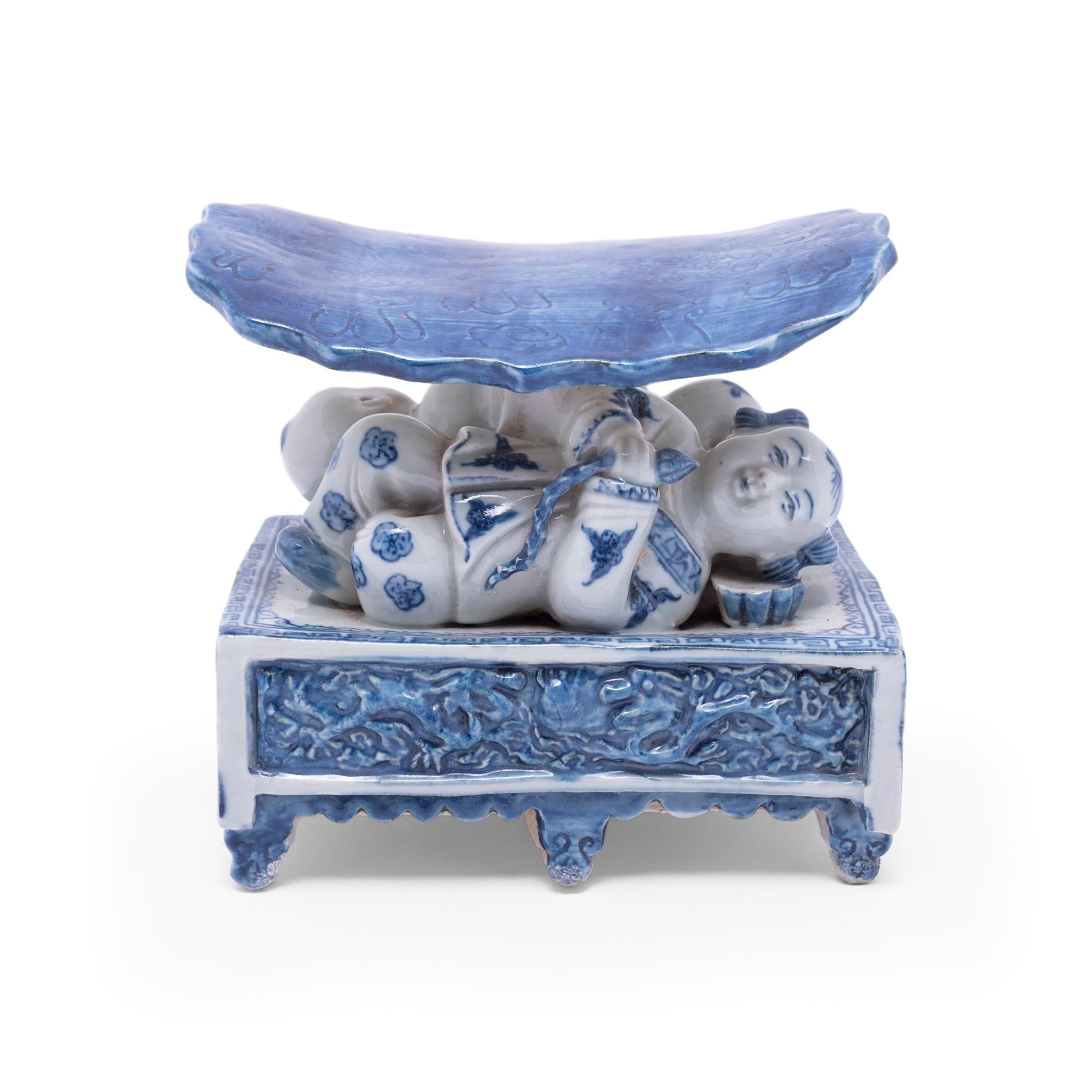 Glazed Chinese Blue and White Lotus Headrest, c. 1900