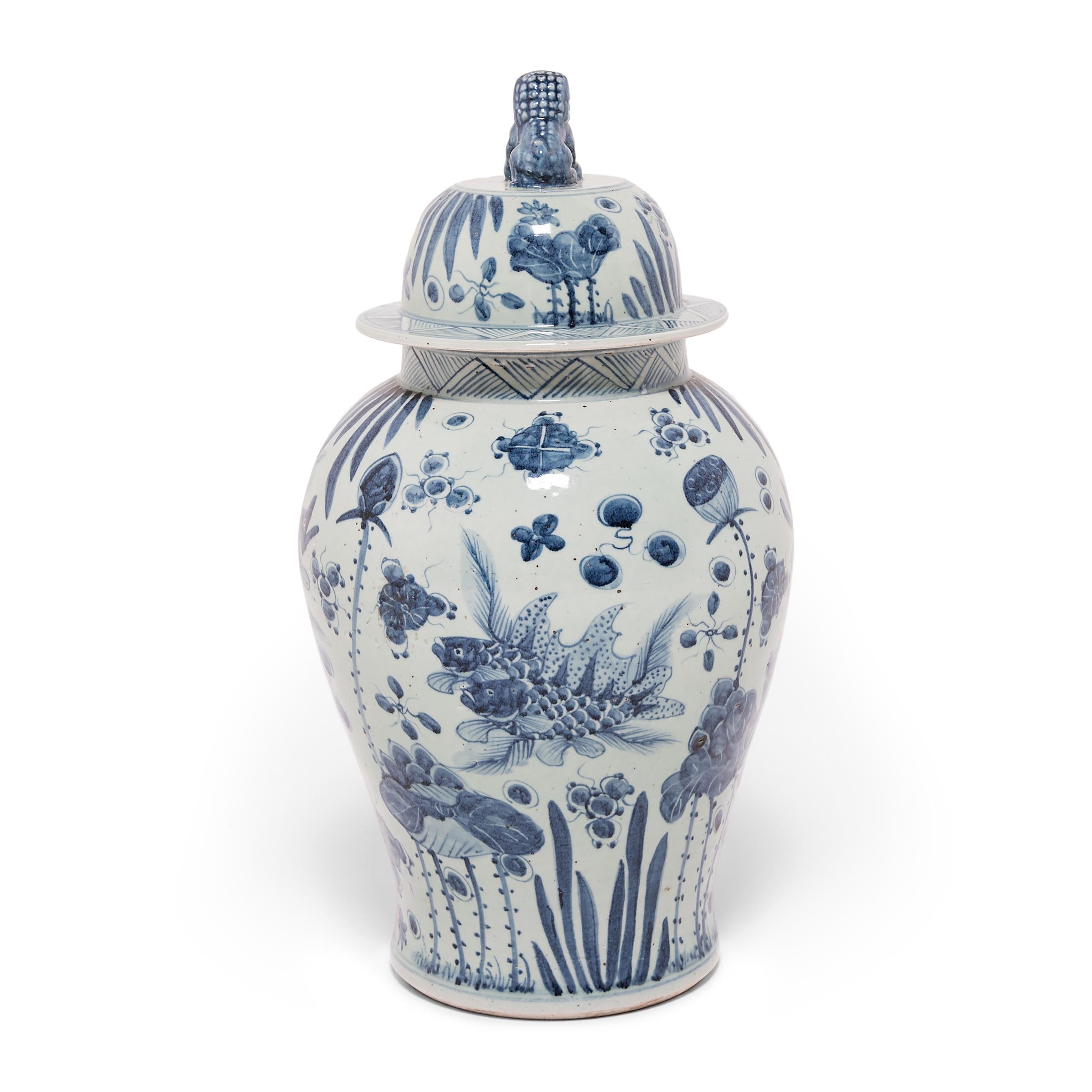 Chinese Export Chinese Blue and White Baluster Jar with Fish and Flora  For Sale