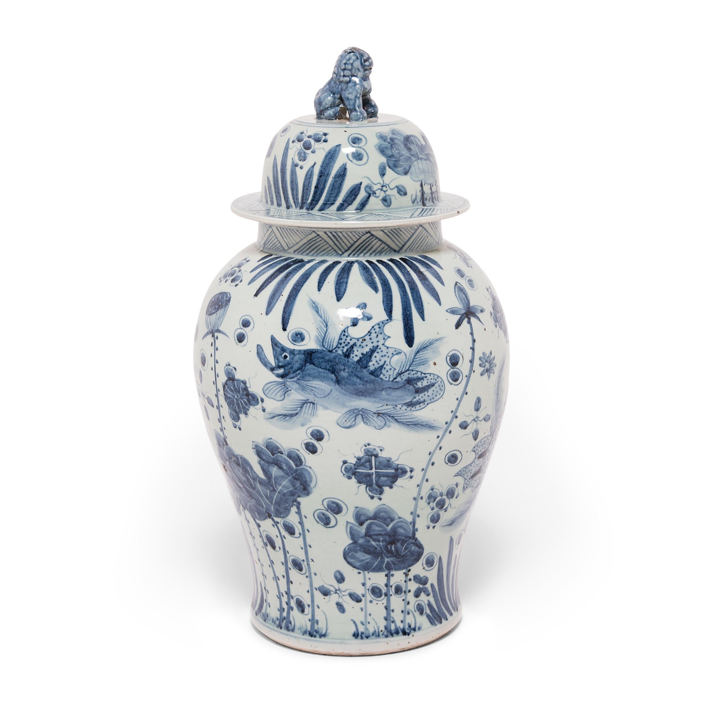 Glazed Chinese Blue and White Baluster Jar with Fish and Flora  For Sale