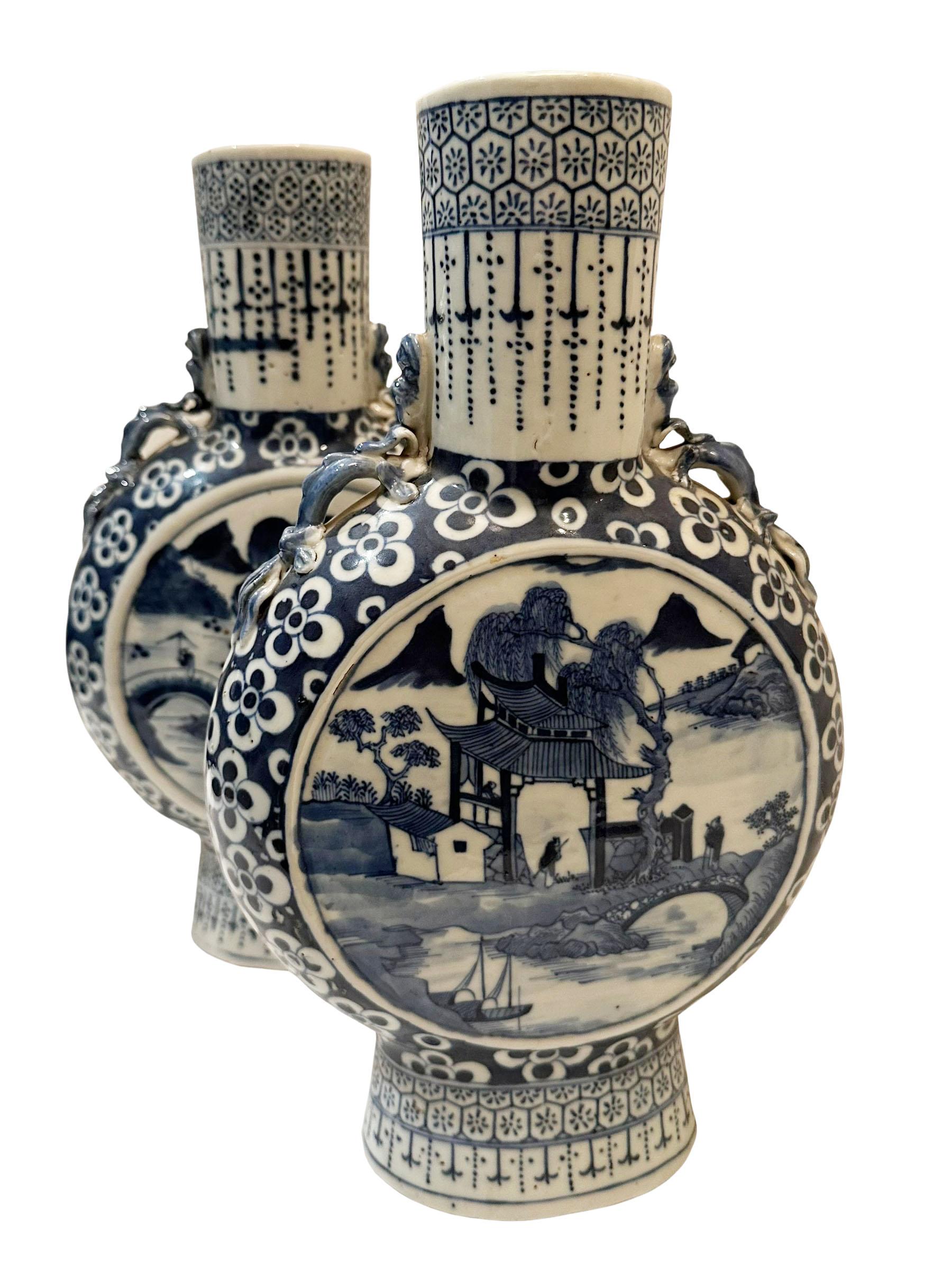 Late 19th Century Chinese Blue And White Moon Flask Vases  For Sale