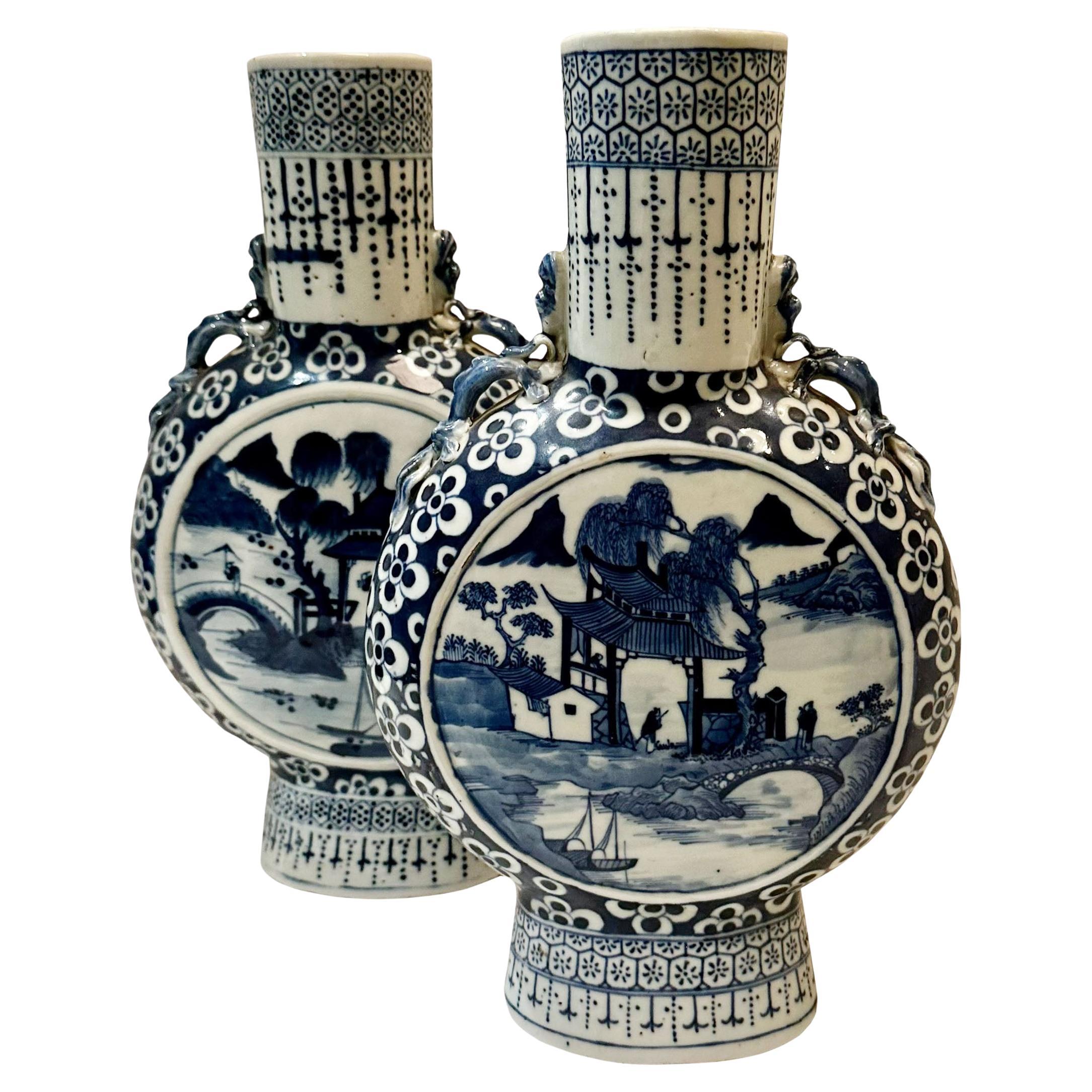Chinese Blue And White Moon Flask Vases  For Sale
