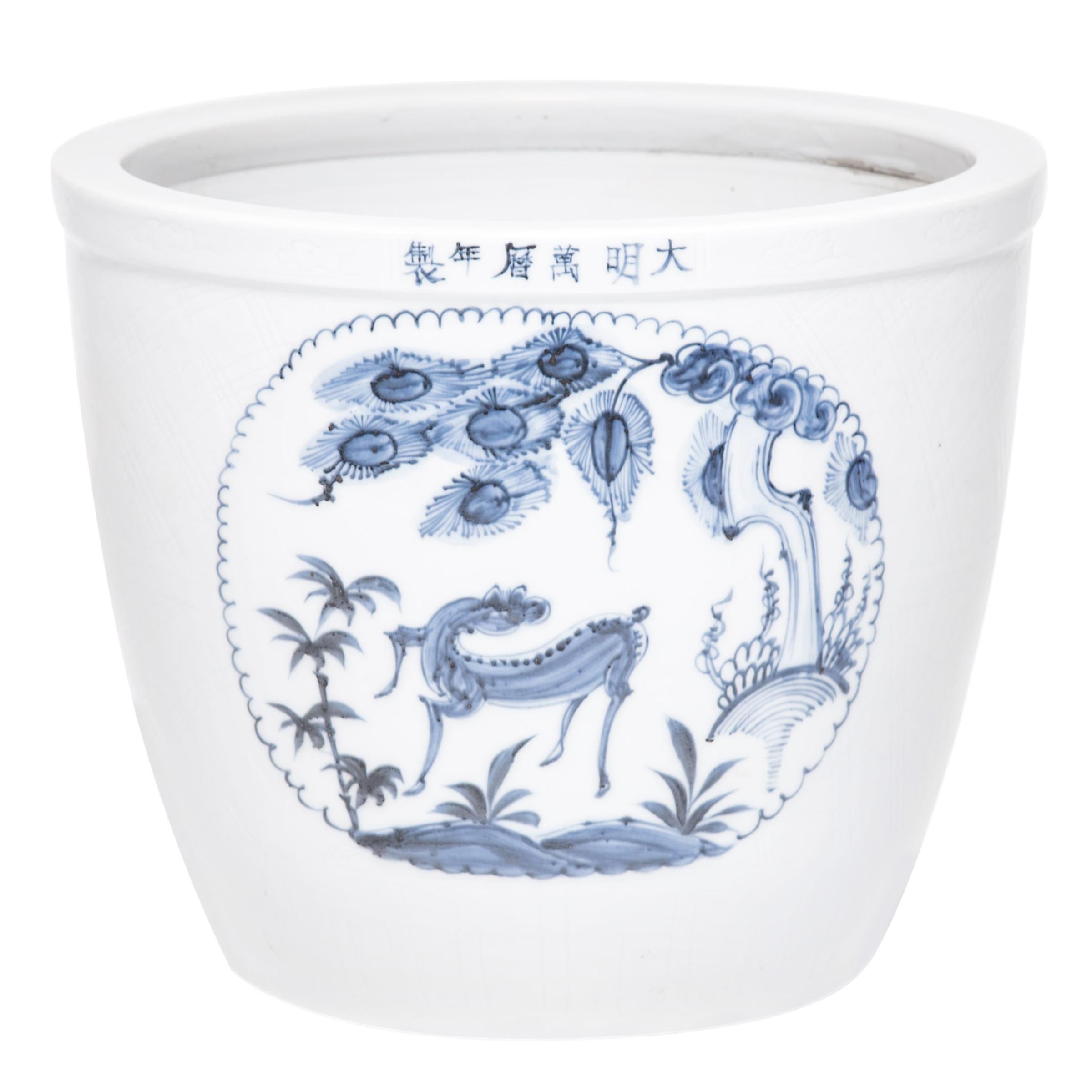 Bol mythique chinois bleu et blanc avec cerf