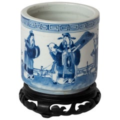 Antique Chinese Blue and White Painted Porcelain Brush Pot with Stand, Qing Dynasty