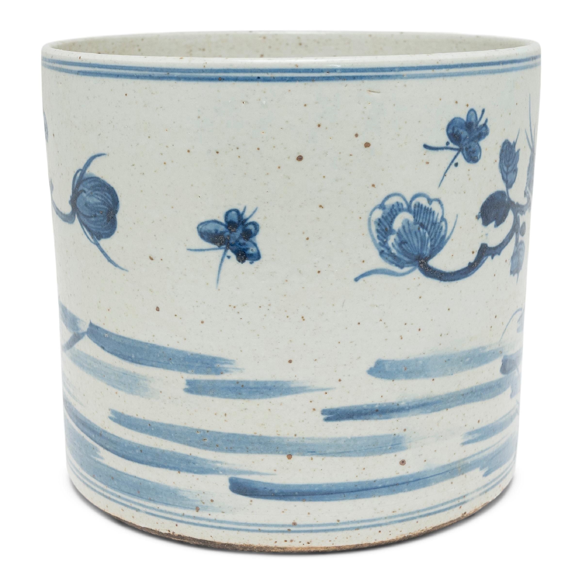 Glazed Chinese Blue and White Peony Brush Pot For Sale