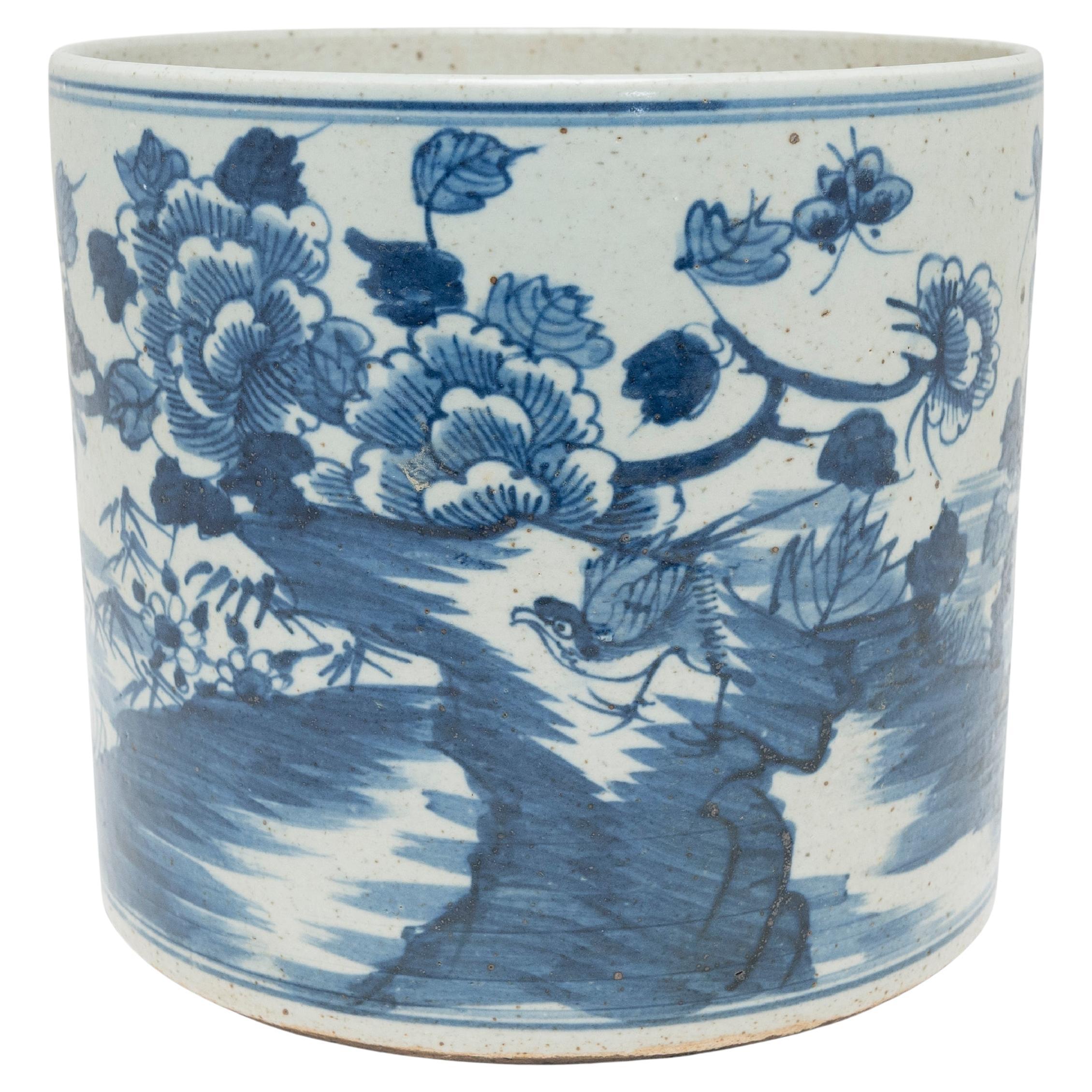 Chinese Blue and White Peony Brush Pot For Sale