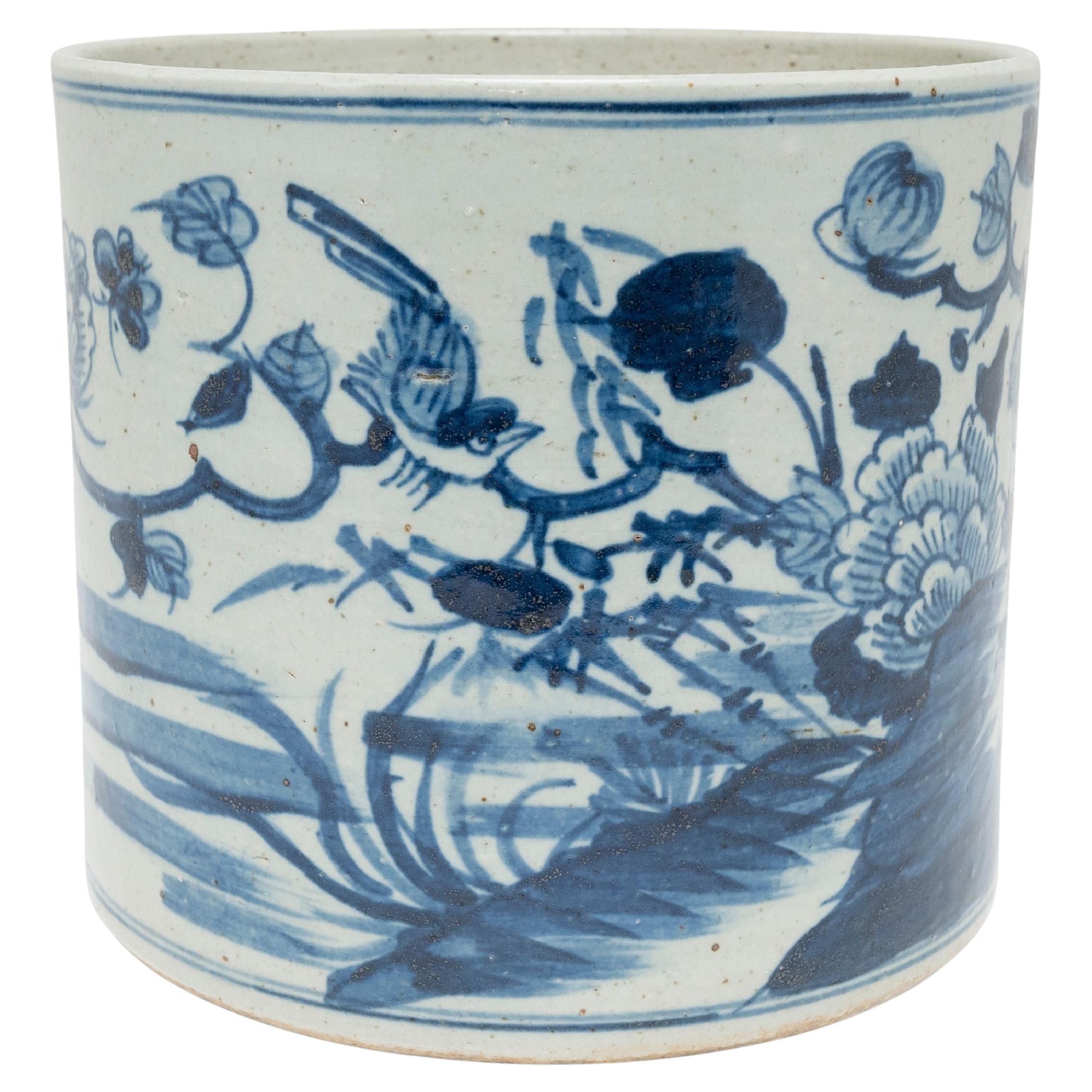 Chinese Blue and White Peony Brush Pot For Sale