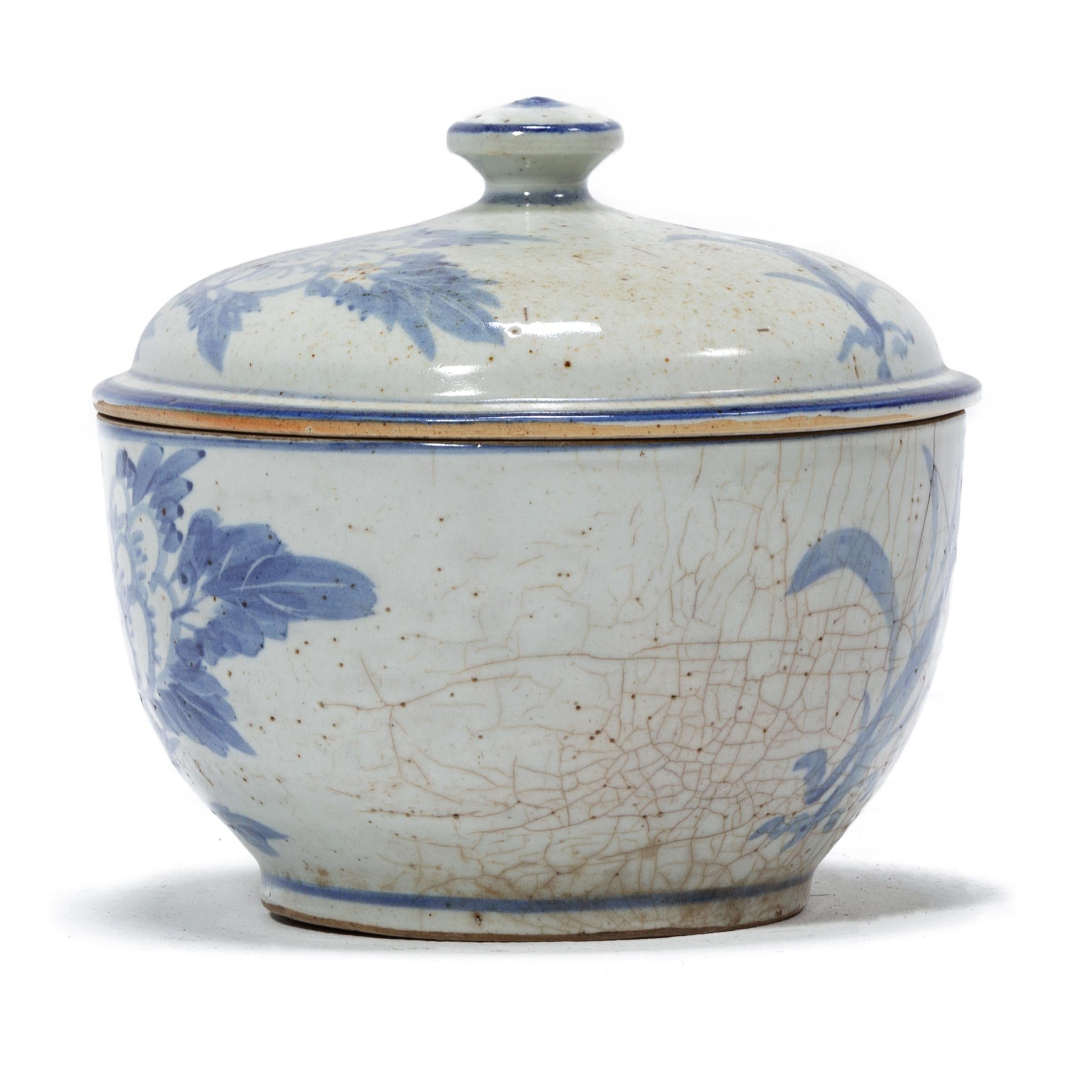 Glazed Chinese Blue and White Peony Congee Pot, circa 1900