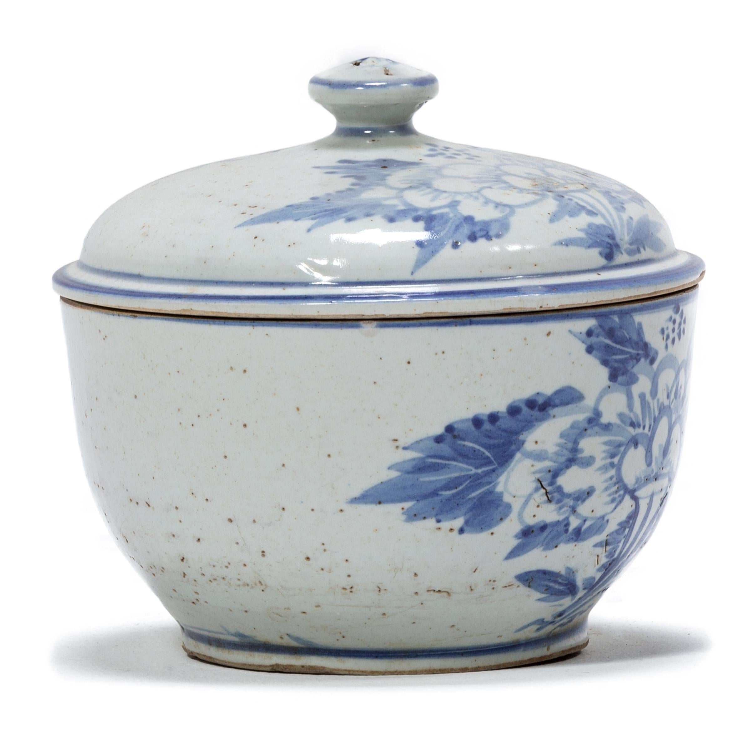 Qing Chinese Blue and White Peony Congee Pot