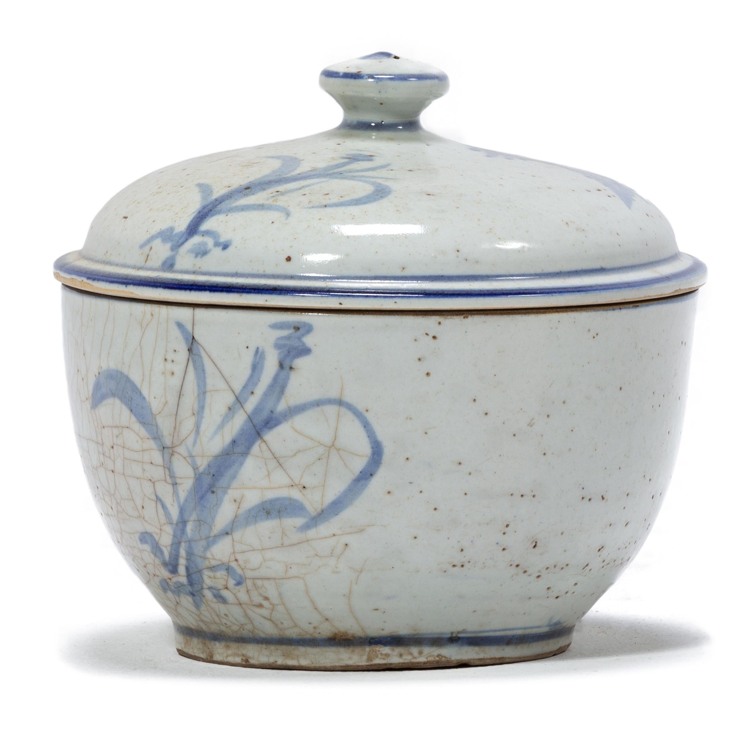 Glazed Chinese Blue and White Peony Congee Pot