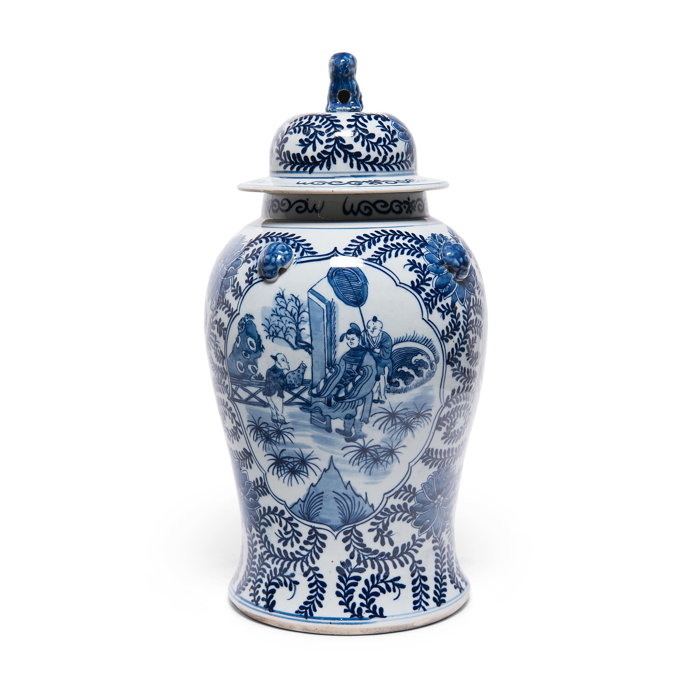 Glazed Chinese Blue and White Perpetual Harmony Baluster Jar For Sale