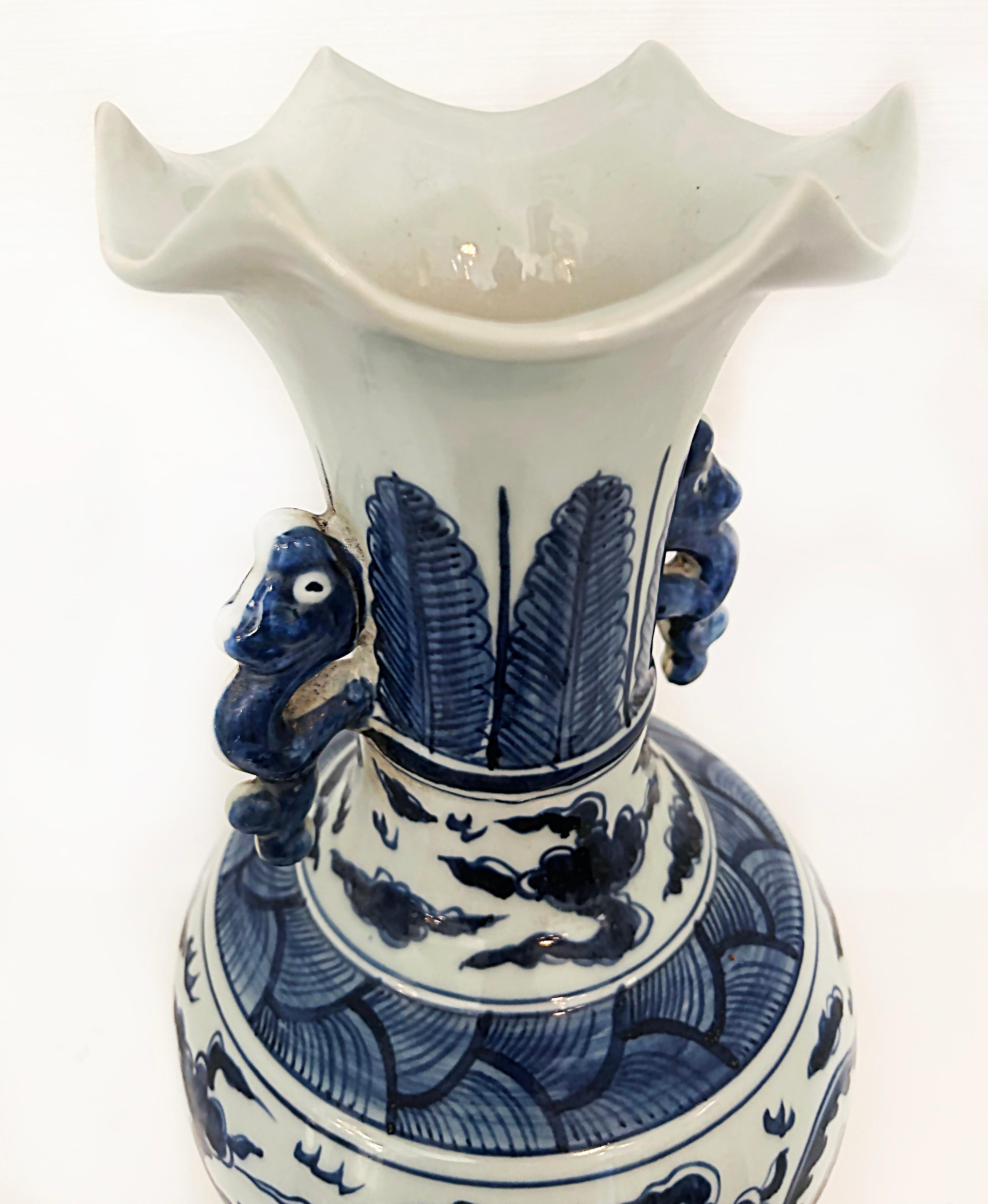 Ebonized Chinese Blue and White Phoenix Bird Vases with Handles, Artist Signed