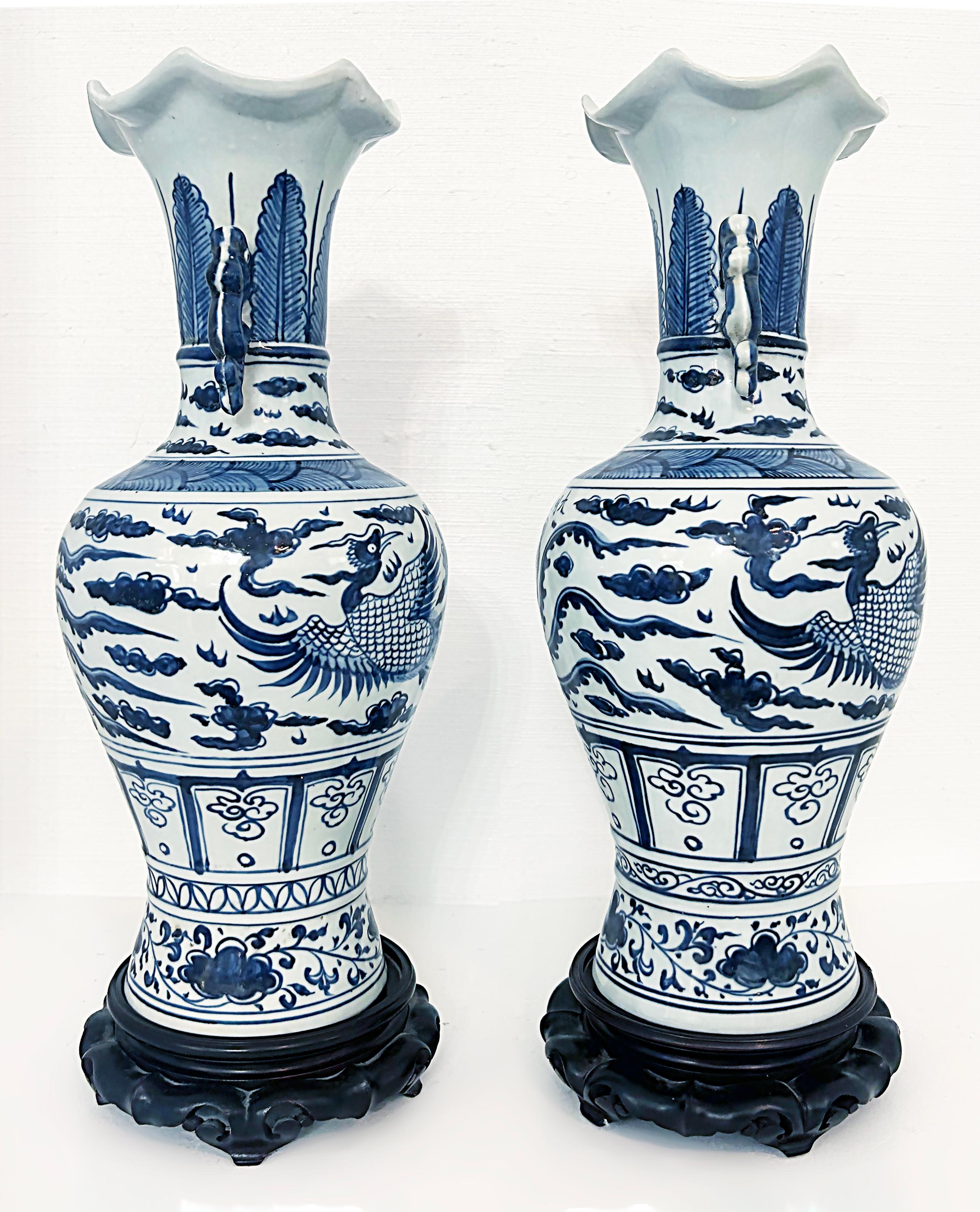 Chinese Blue and White Phoenix Bird Vases with Handles, Artist Signed In Good Condition In Miami, FL