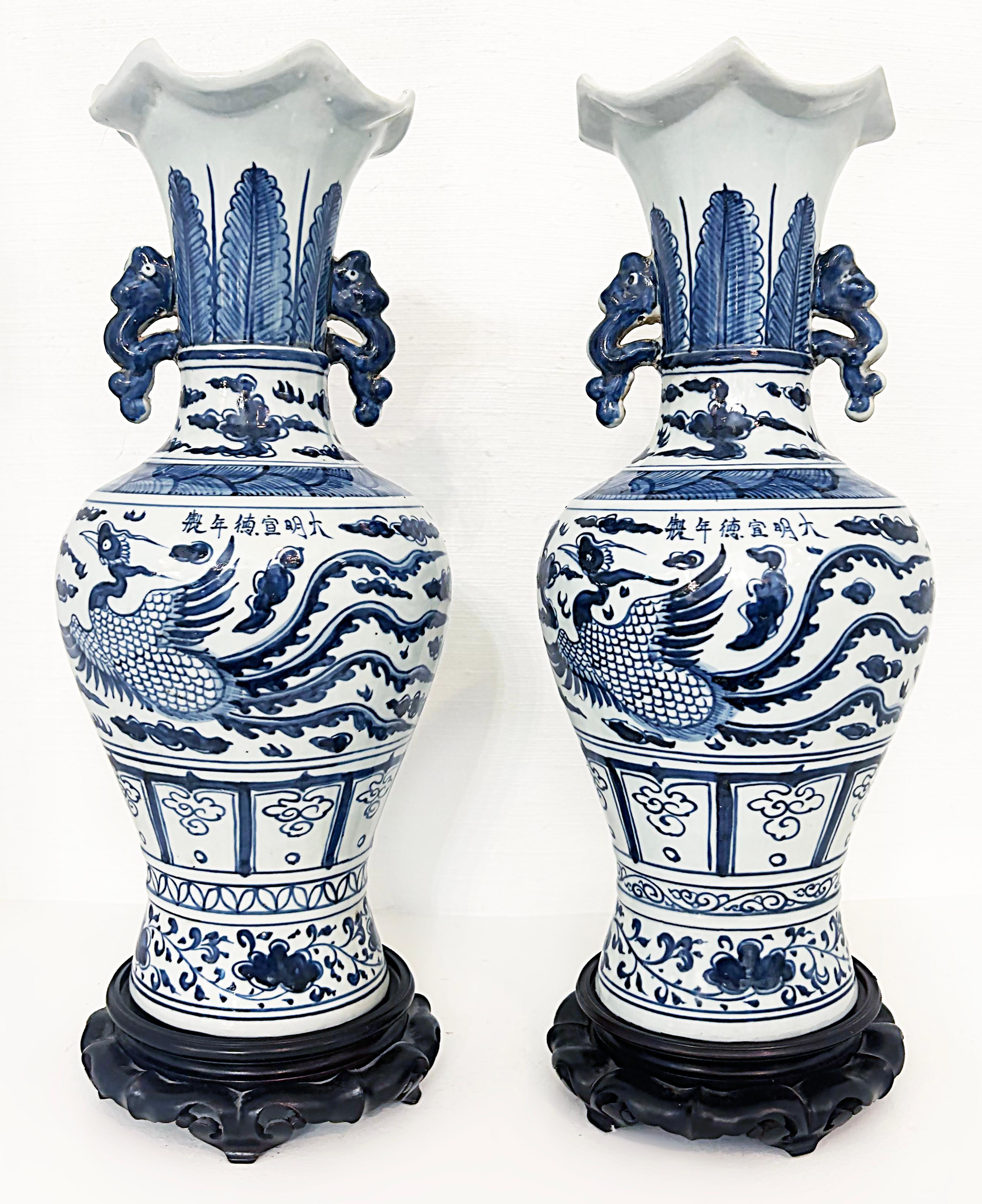 20th Century Chinese Blue and White Phoenix Bird Vases with Handles, Artist Signed