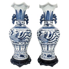 Chinese Blue and White Phoenix Bird Vases with Handles, Artist Signed
