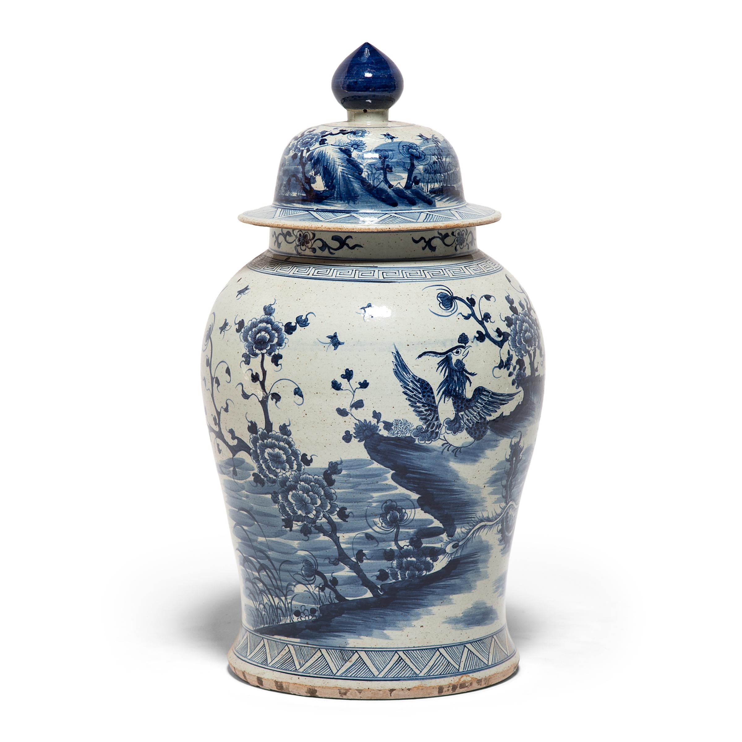 This grand baluster jar from Jiangxi province is a continuation of a centuries-old tradition of Chinese blue-and-white porcelain ware. Painted with expressive brushwork, the jar is festooned with peony blossoms, emblems of spring time and feminine
