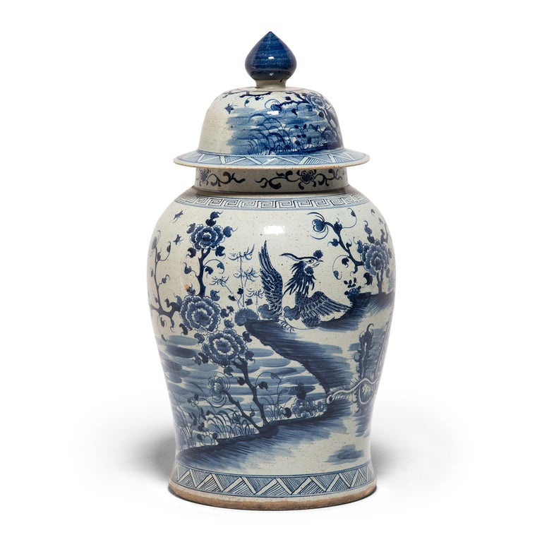This grand baluster jar from Jiangxi province is a continuation of a centuries-old tradition of Chinese blue-and-white porcelain ware. Painted with expressive brushwork, the jar is festooned with peony blossoms, emblems of spring time and feminine