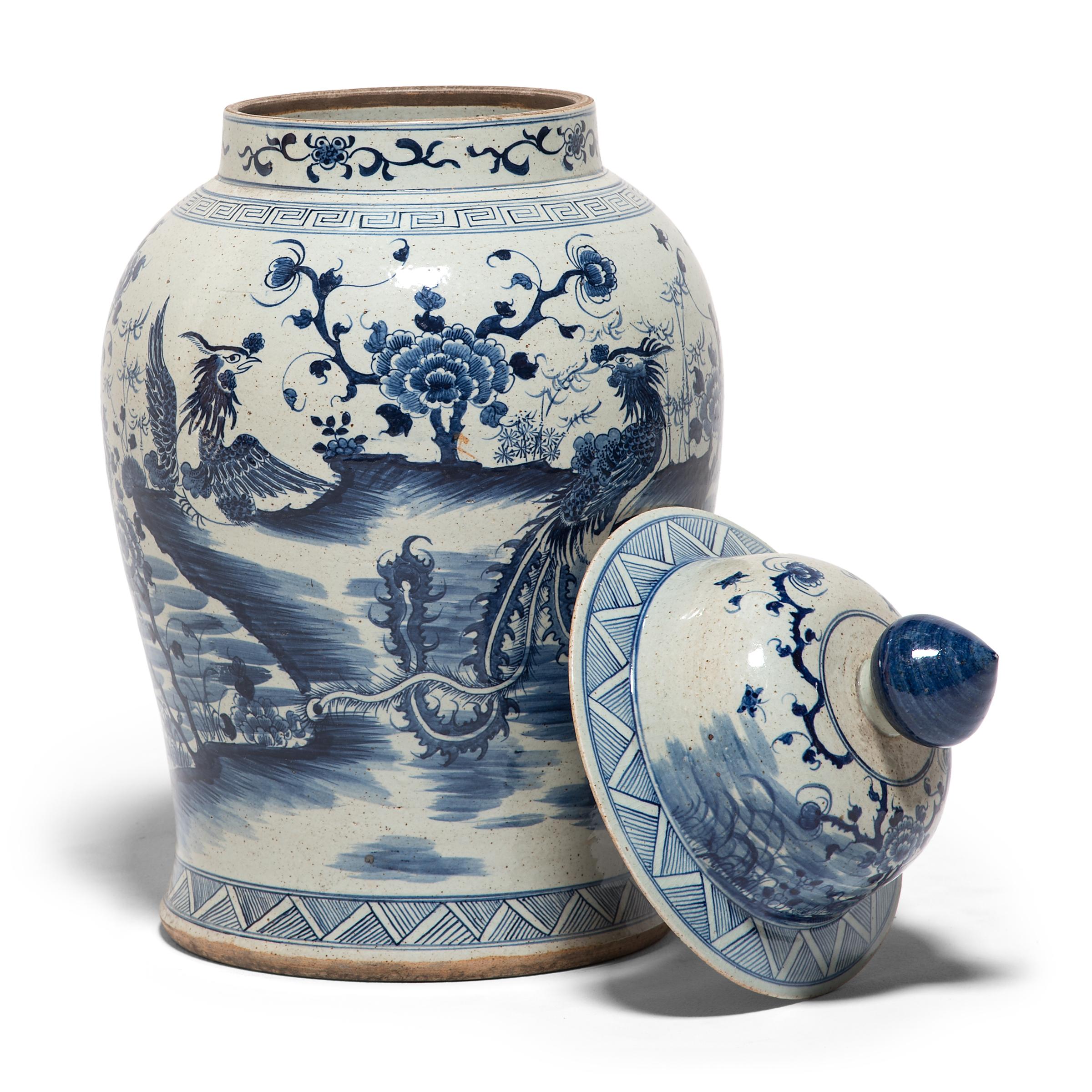 Chinese Export Chinese Blue and White Phoenix Ginger Jar