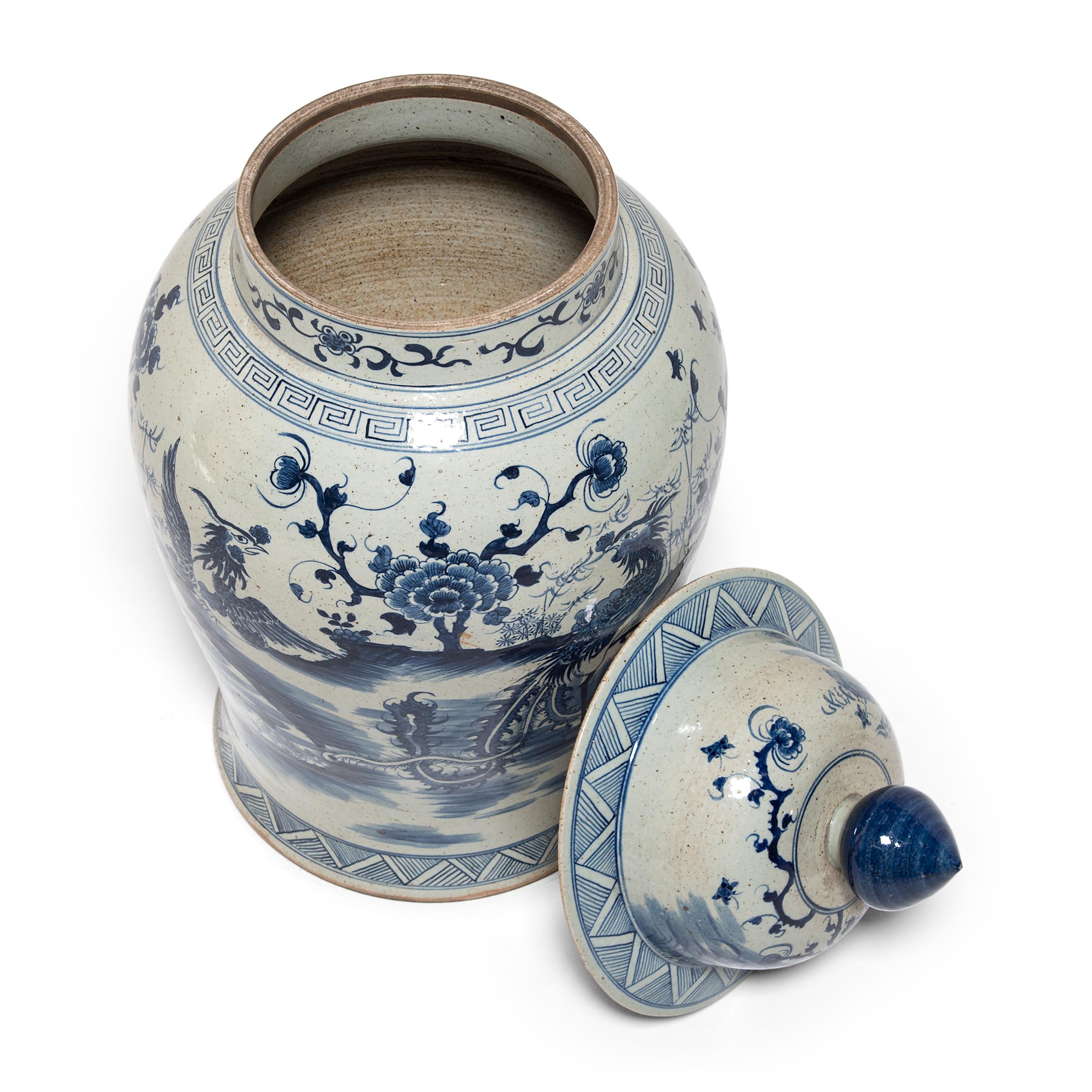 Glazed Chinese Blue and White Phoenix Ginger Jar