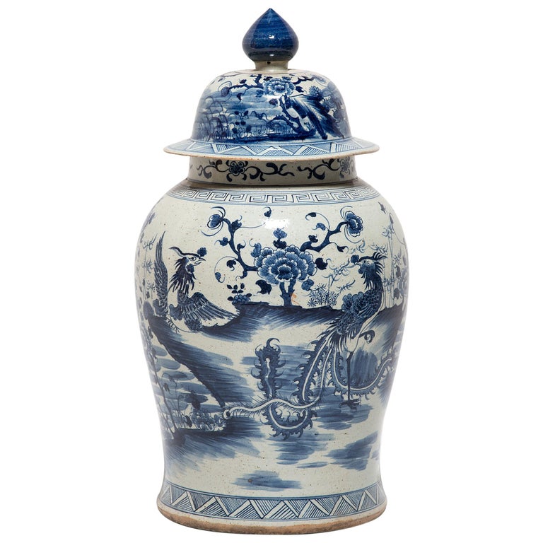 Chinese Blue and White Phoenix Ginger Jar For Sale