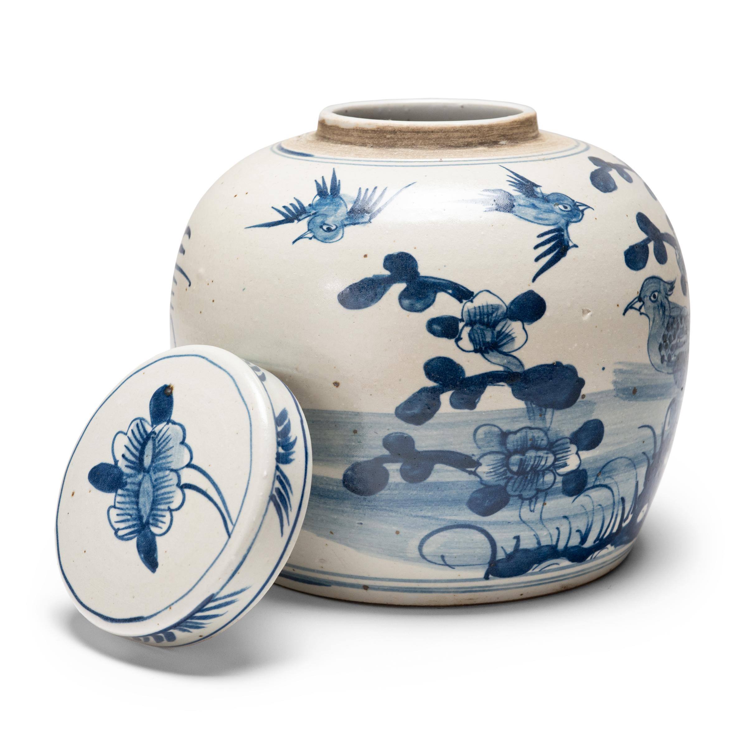 Brushed with dark cobalt blue atop a creamy white field, this Qing-dynasty tea leaf jar beautifully exemplifies the timeless allure of blue-and-white porcelain. The tea jar has a gently tapered form with a wide base and high shoulders that flow into