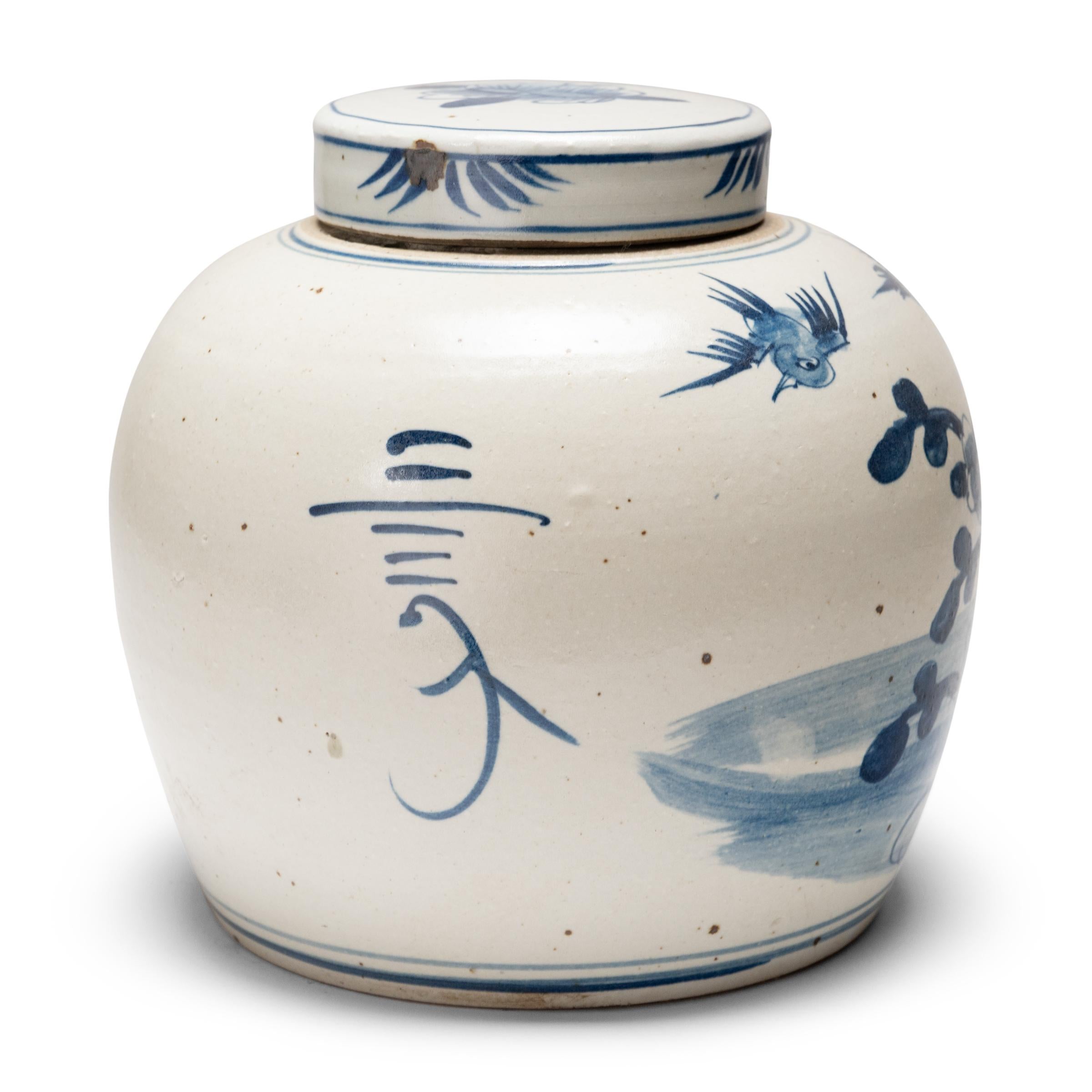 Chinese Blue and White Phoenix Jar In Good Condition In Chicago, IL
