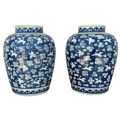 Antique Chinese Blue and White Porcelain Baluster Jars With Cranes- A Pair