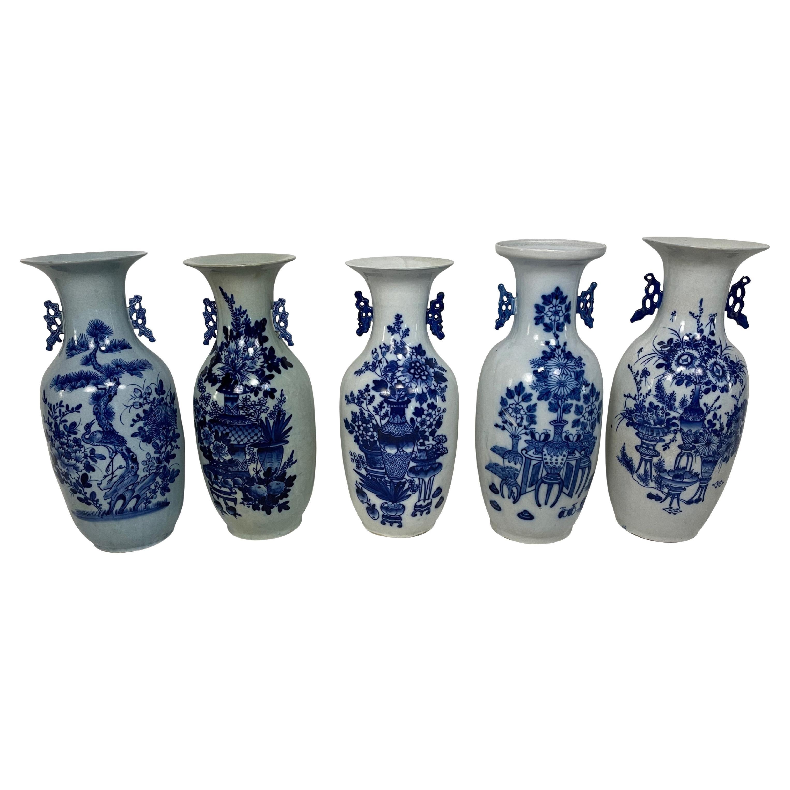 Pair of Asian Chinese Style Blue and White Porcelain Vases For Sale at