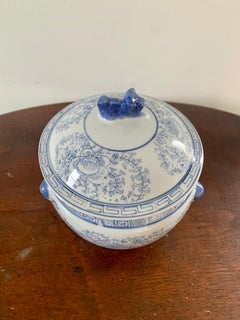 Chinese Blue and White Porcelain Covered Jar With Foo Dog Finial