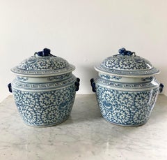 Chinese Blue and White Porcelain Covered Jars with Foo Dog Finials, Pair
