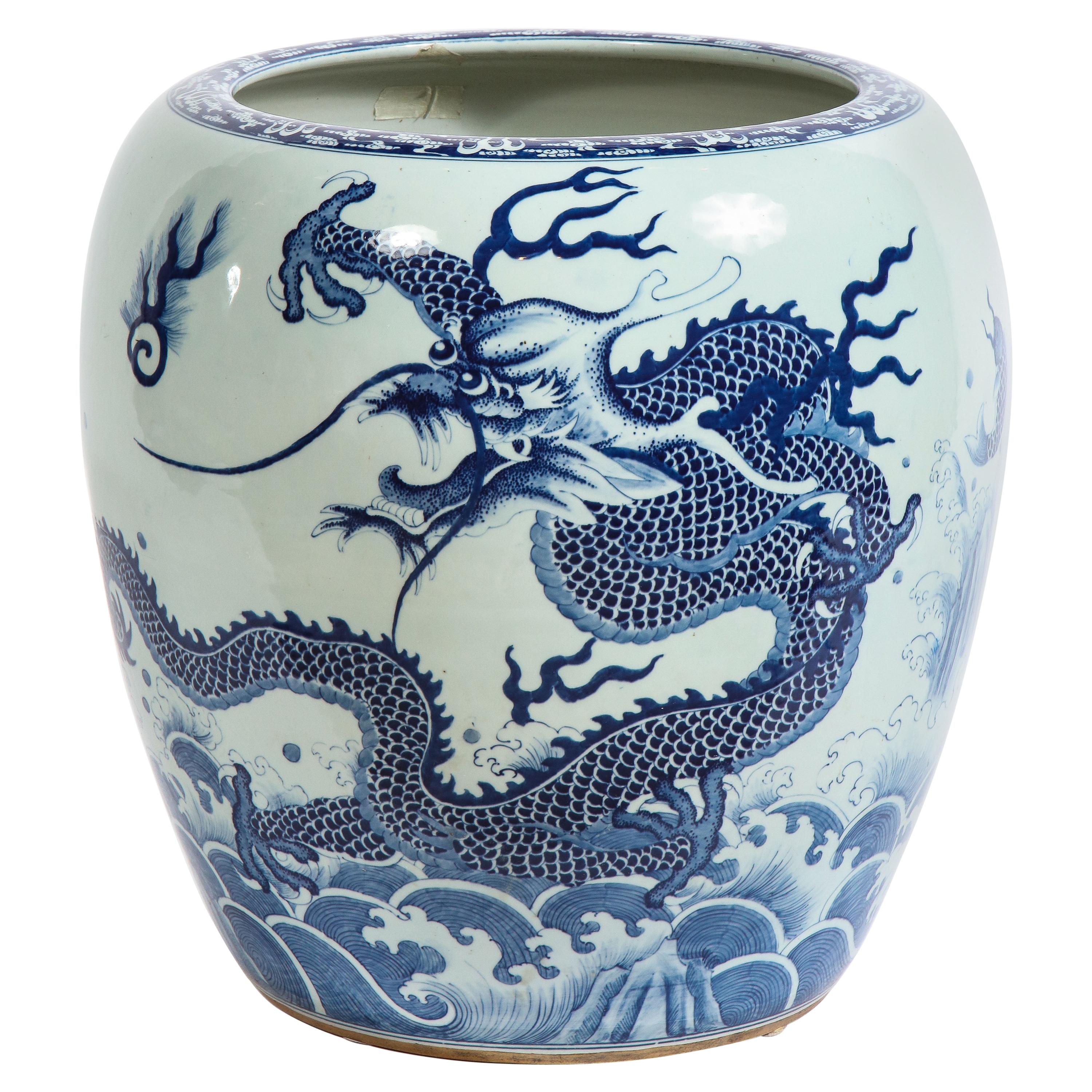 Chinese Blue and White Porcelain Dragon & Koi Design Painted Jardiniere/Planter