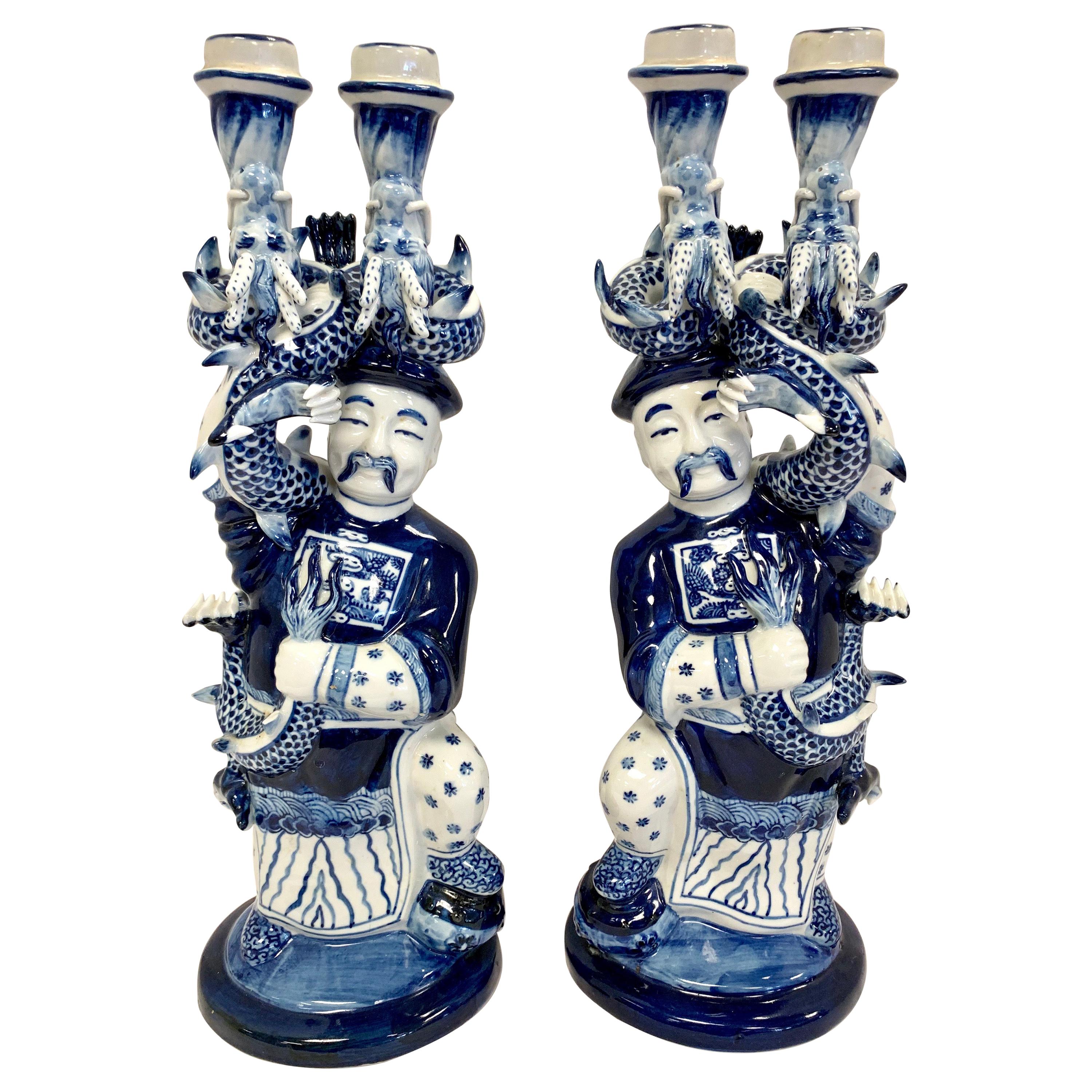 Chinese Blue and White Porcelain Figural Serpentine Candleholders